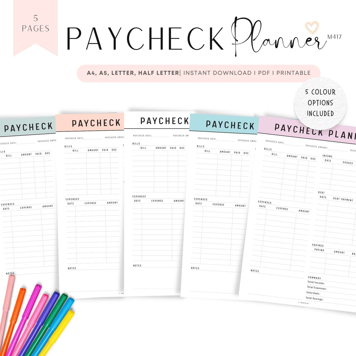 Paycheck Budget Template Printable, A4, A5, Letter, Half Letter, 5 color options included, Green, Peach, Blue, Pink, Minimalist Budget Planner Template, Digital Planner