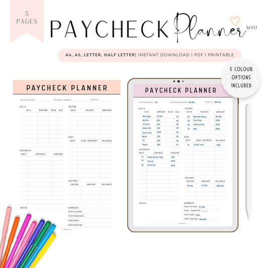 Paycheck Budget Template Printable, A4, A5, Letter, Half Letter, 5 color options included, Green, Peach, Blue, Pink, Minimalist Budget Planner Template, Digital Planner