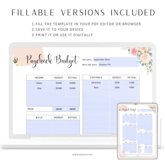 Floral Paycheck Budget Template Printable, Monthly Budget Planner, Fillable Bi-weekly budget, A4, A5, Letter, Half Letter, PDF
