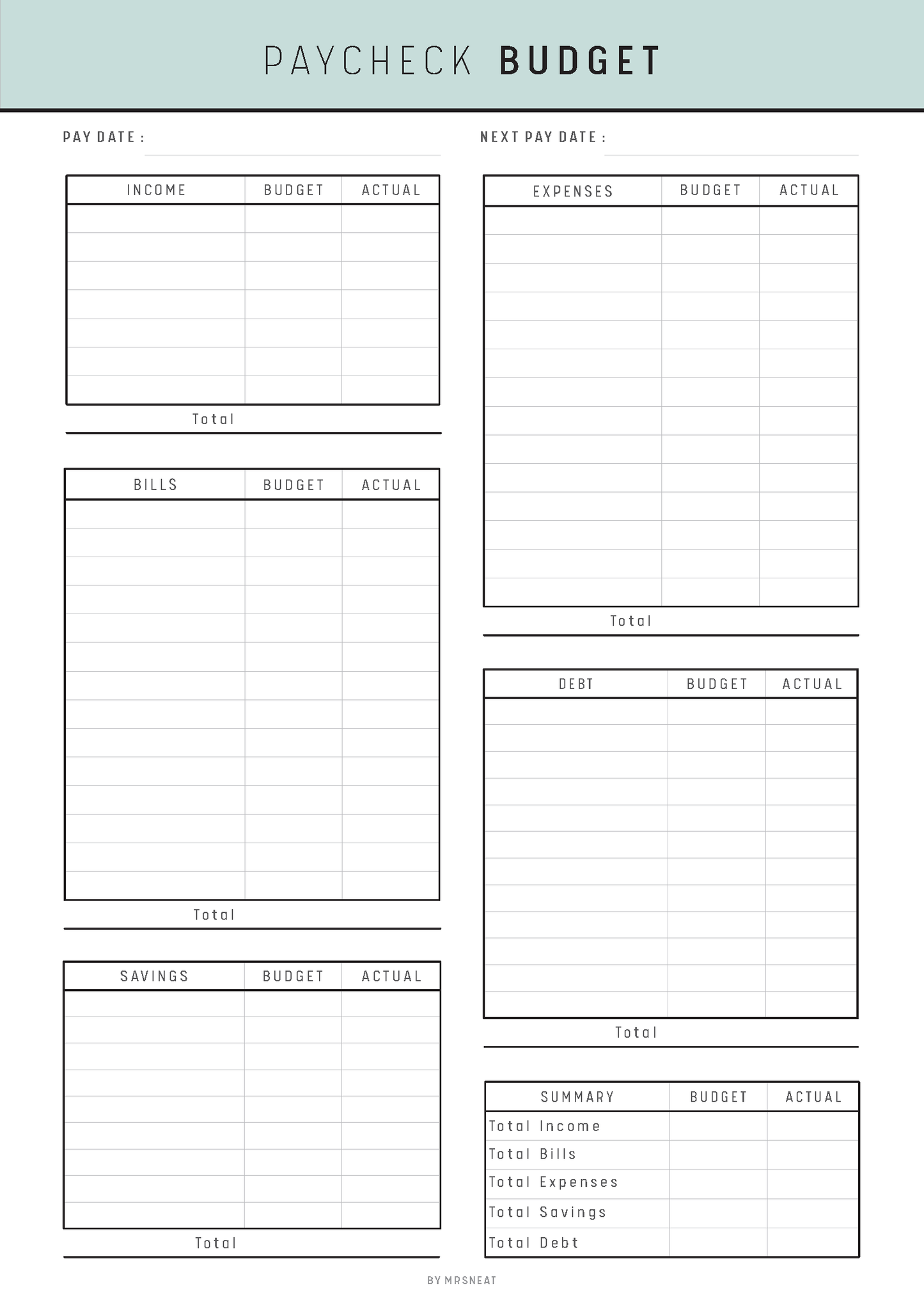 Paycheck budget planner with income, expenses, and savings sections on a light blue background