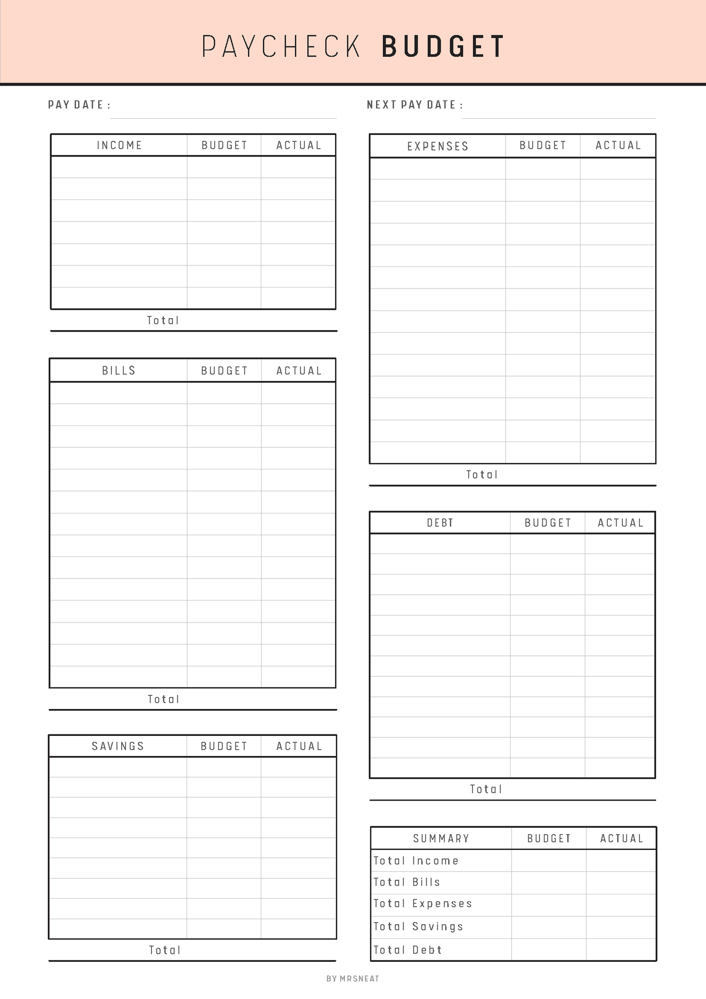Paycheck budget planner with income, expenses, and savings sections on a pink background.