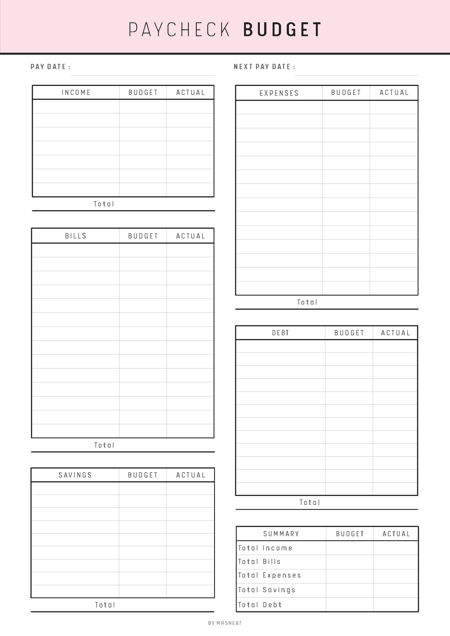 Paycheck budget planner with income, expenses, and savings sections on a pink background