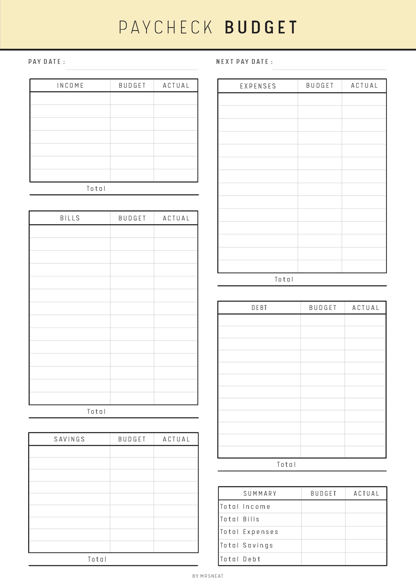 Paycheck budget planner with income, expenses, and savings sections on a beige background