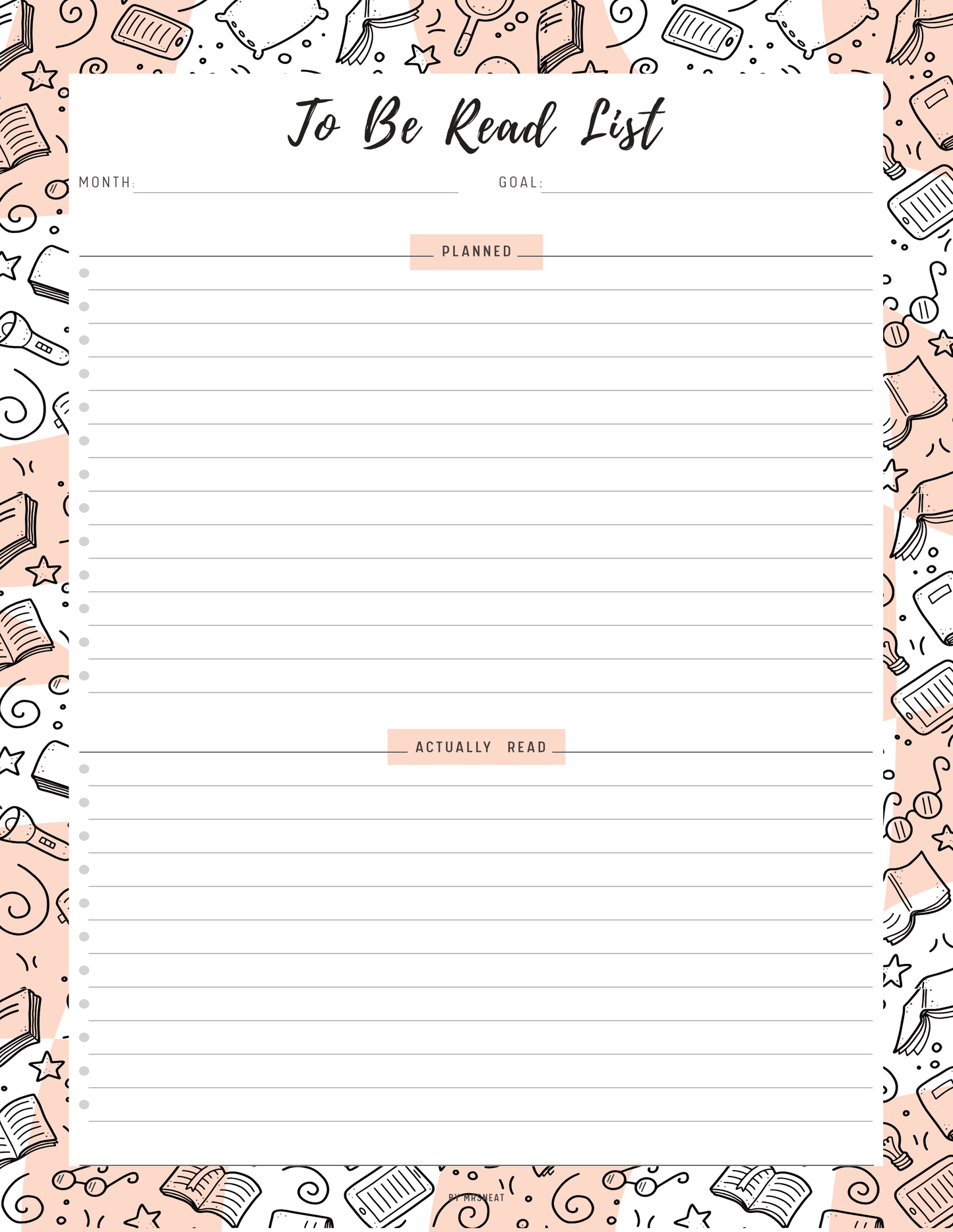 To Be Read List Template Printable, 5 colors ; Peach, Pink, Blue, Green, Neutral, 4 sizes ; A4, A5, Letter, Half Letter, Digital Planner