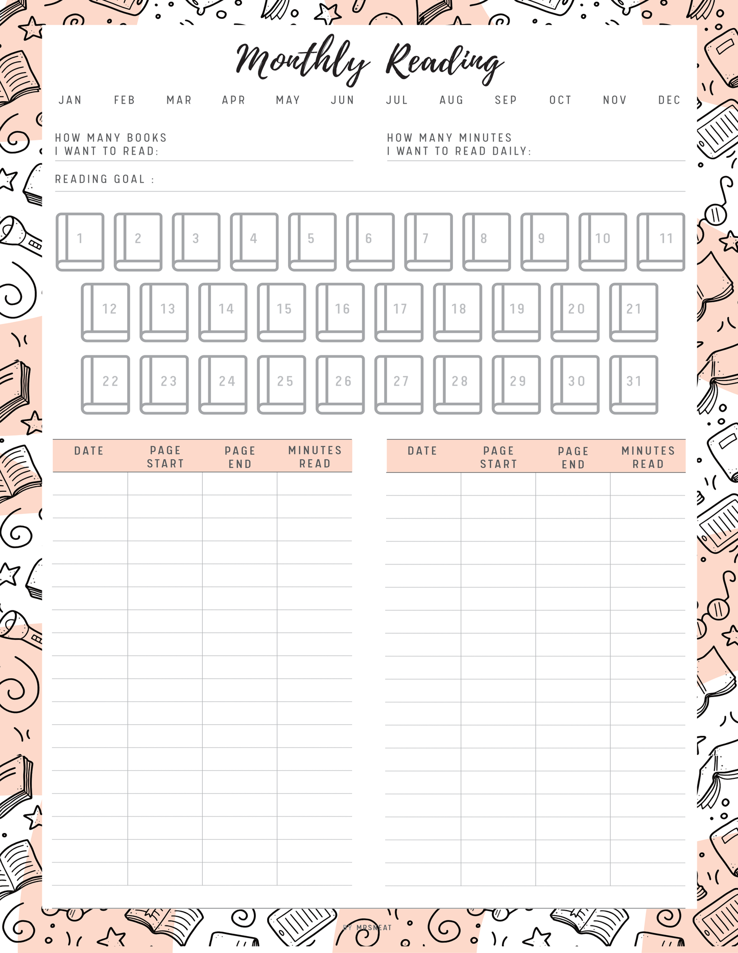 Reading planner with monthly reading goals and tracking sections, decorated with peach book-themed illustrations.