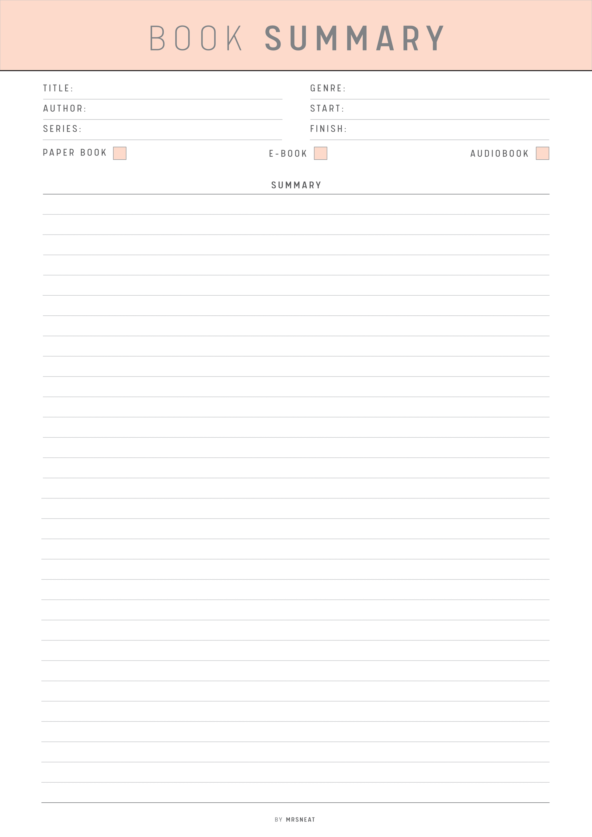 Blank book summary template with a pink header and white background