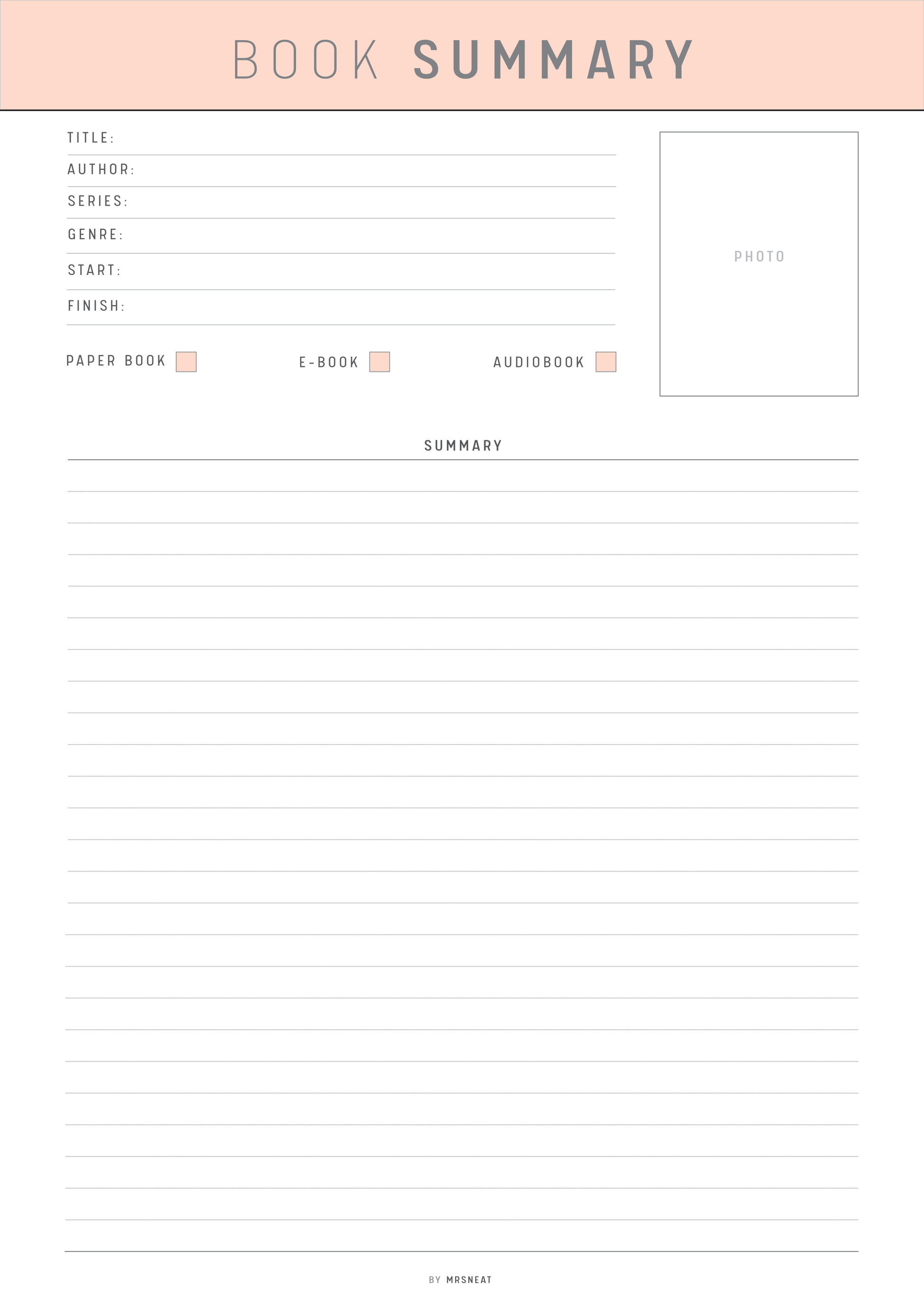 Blank book summary form with fields for title, author, series, genre, start, finish, paper book, e-book, audiobook, and summary.