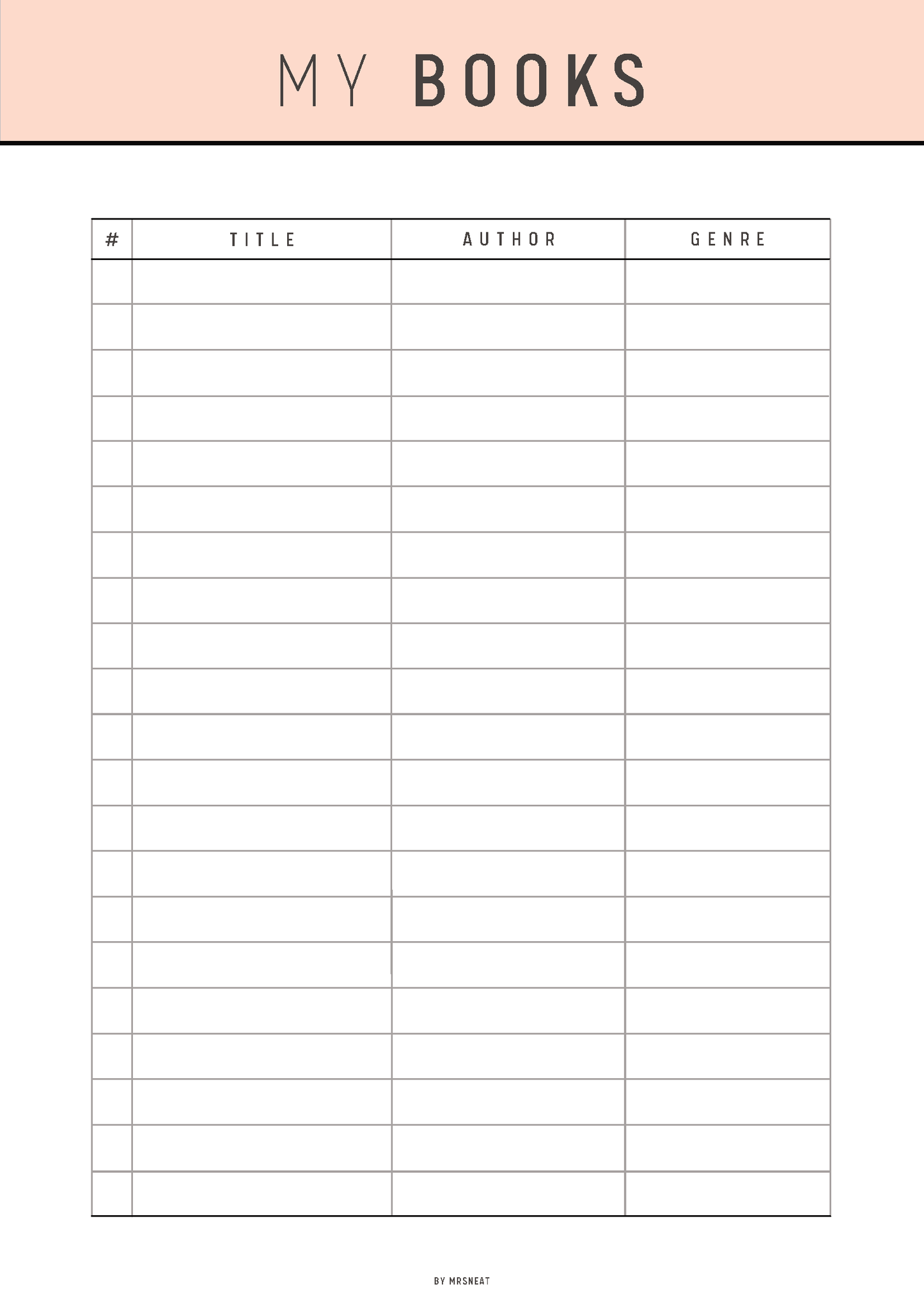Sheet with a table titled 'My Books' for tracking book information on a white background.