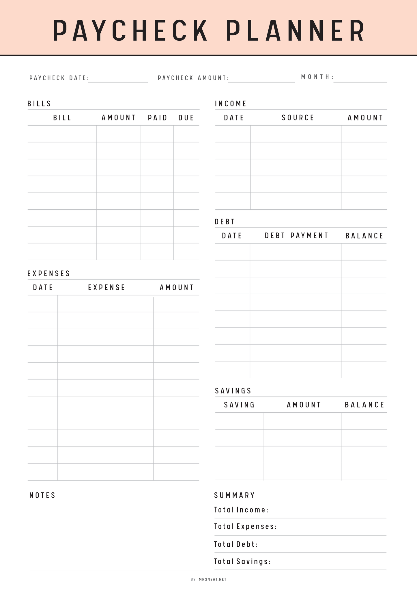 A4 Peach Paycheck planner with columns for various financial information on a white background.