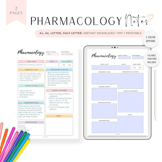 Pharmacology Notes Template Printable, A4, A5, Letter, Half Letter, 2 versions, Fillable versions, PDF, Printable insert