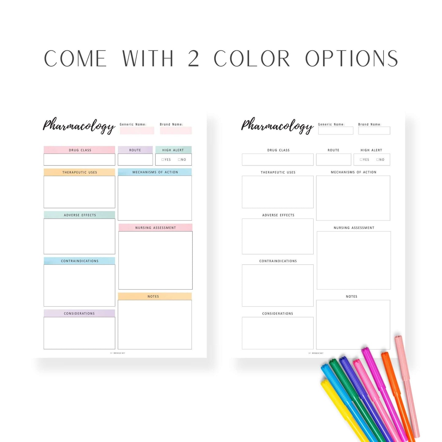 Pharmacology Notes Template Printable, Nursing Notes, Drugs Notes, 2 colors