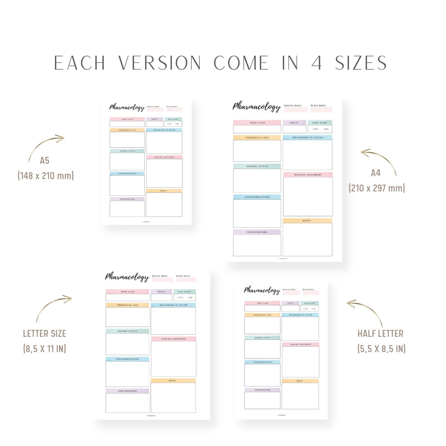 A4, A5, Letter, Half Letter Pharmacology Notes Template Printable, Nursing Notes, Drugs Notes, 2 colors