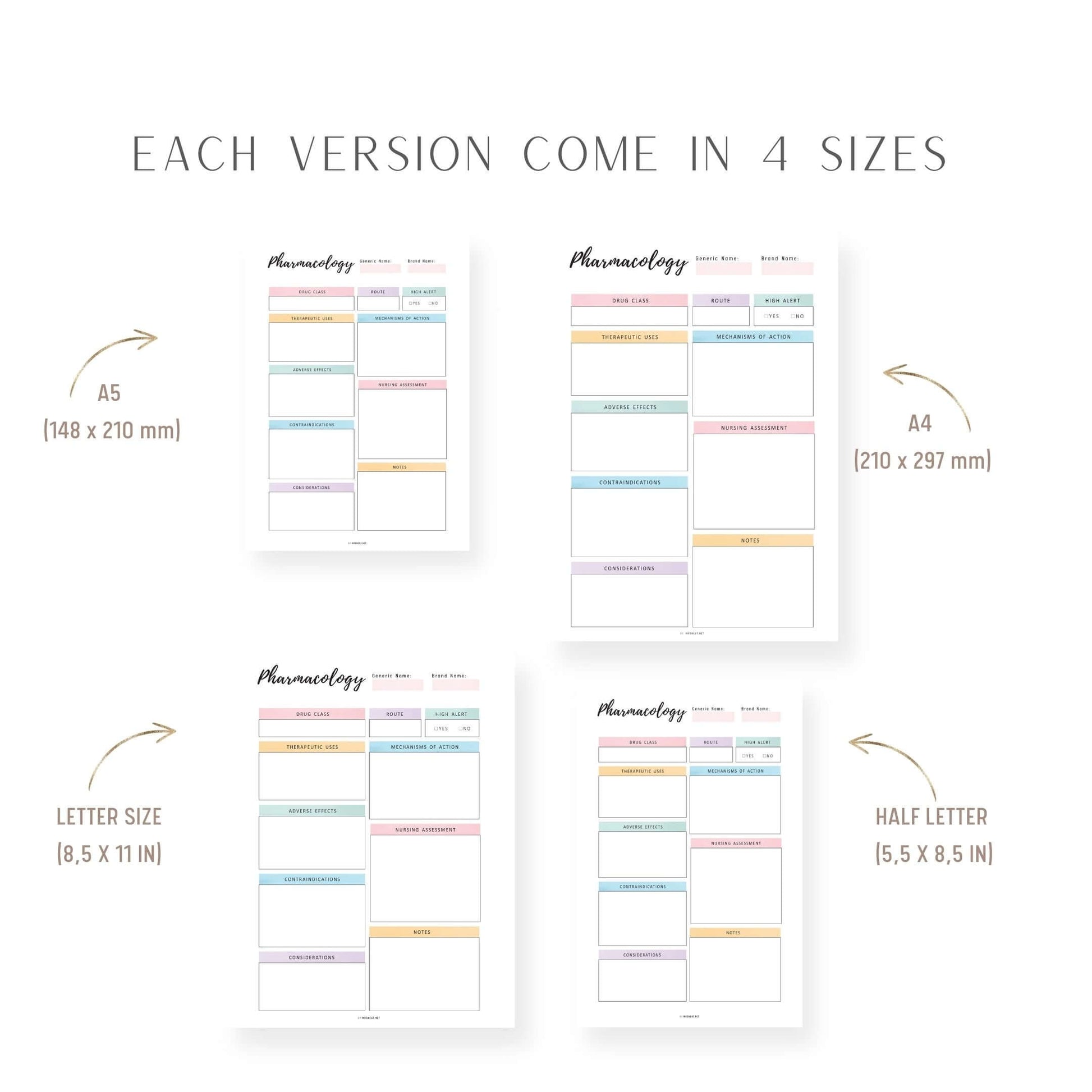 A4, A5, Letter, Half Letter Pharmacology Notes Template Printable, Nursing Notes, Drugs Notes, 2 colors