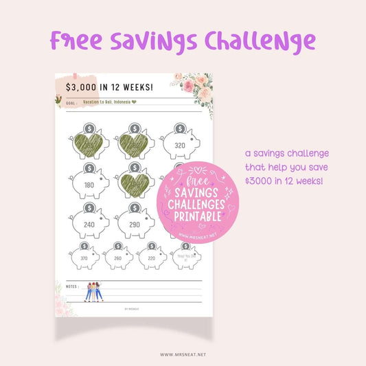 Free Cute Pink Floral Piggy Bank Savings Challenge to save 3000 in 12 weeks