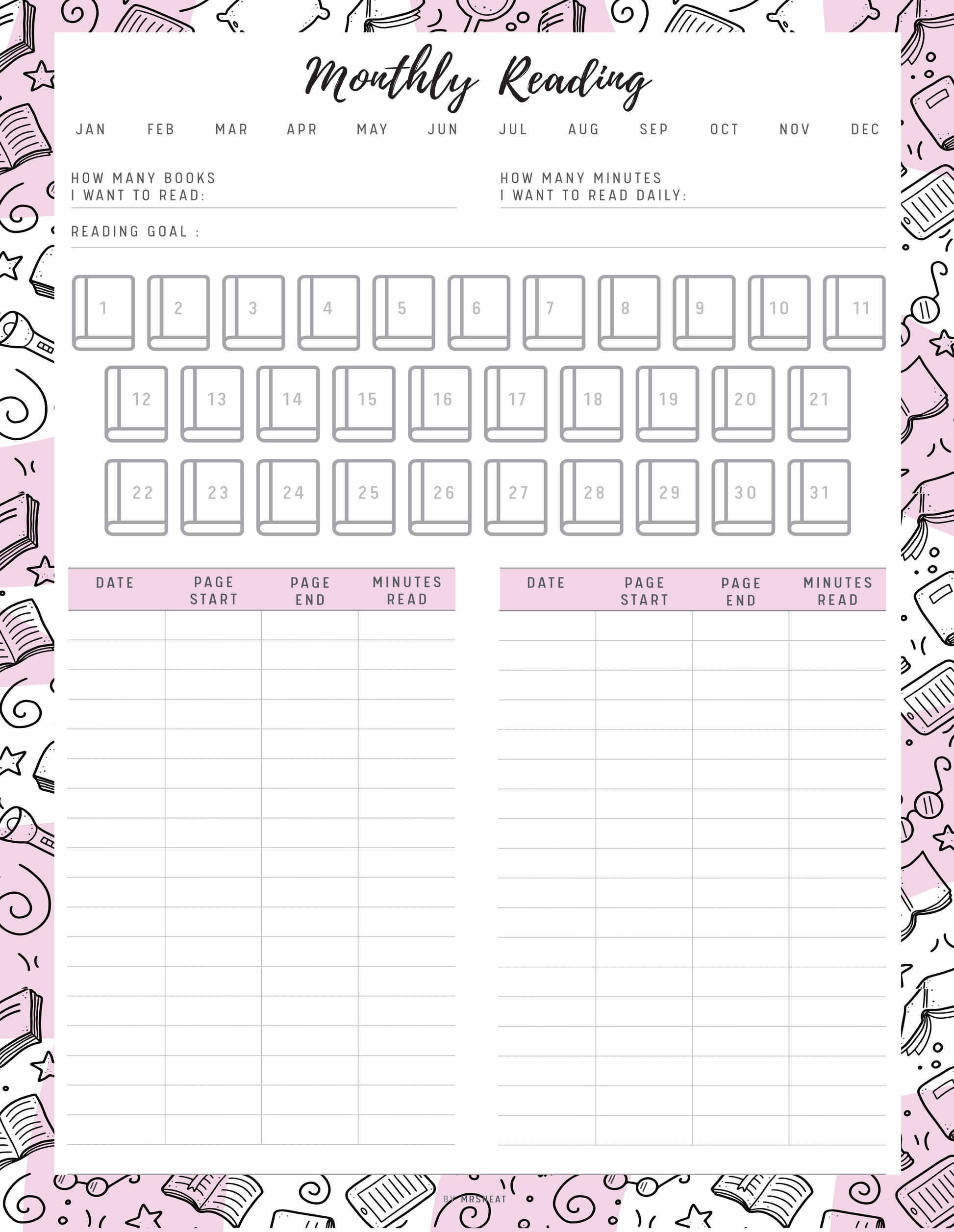 Reading planner with monthly reading goals and tracking sections on a pink background with pink book-themed designs.