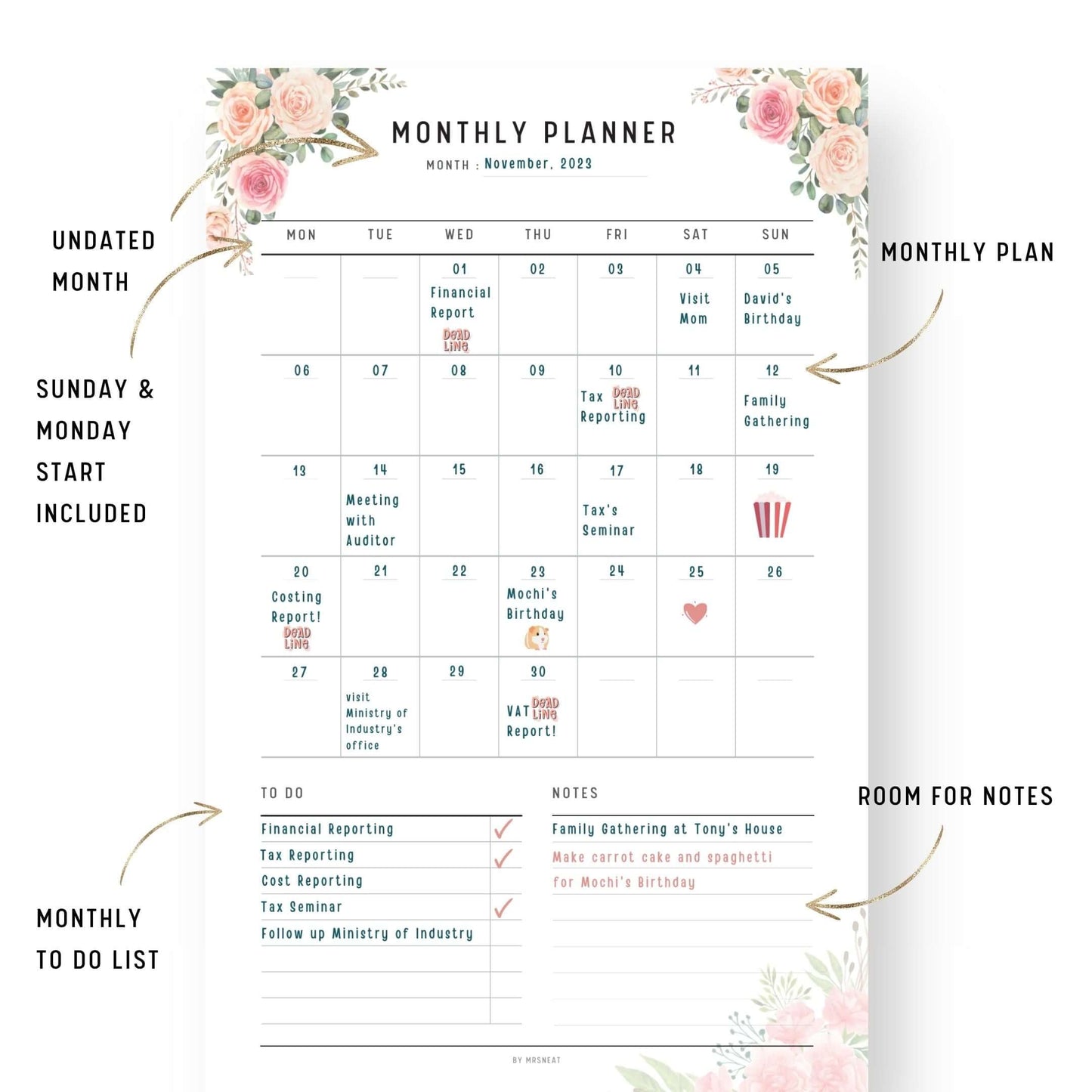 Pink Floral Monthly Planner Printable