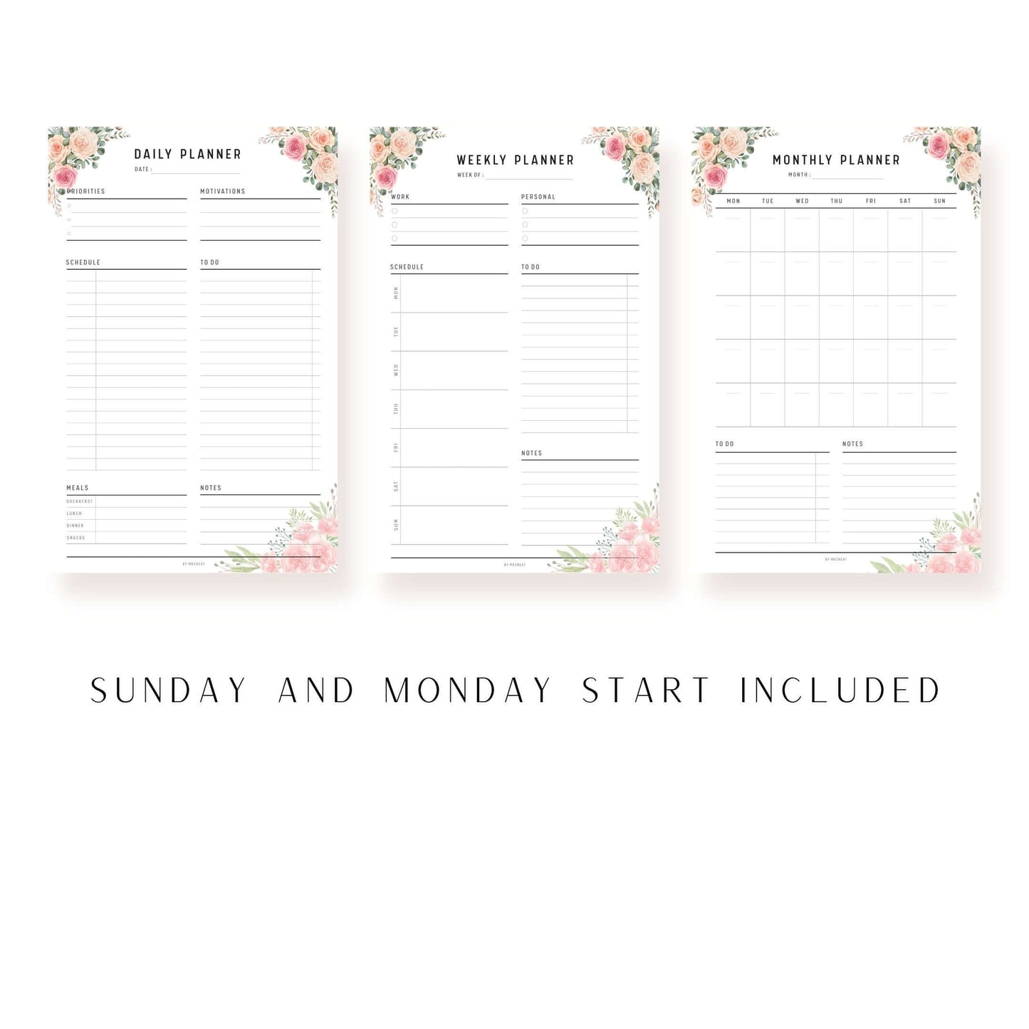 Pink Floral Daily Weekly Monthly Planner Printable