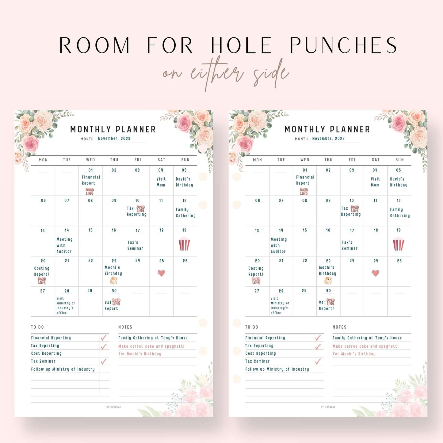 Pink Floral Daily Weekly Monthly Planner Printable