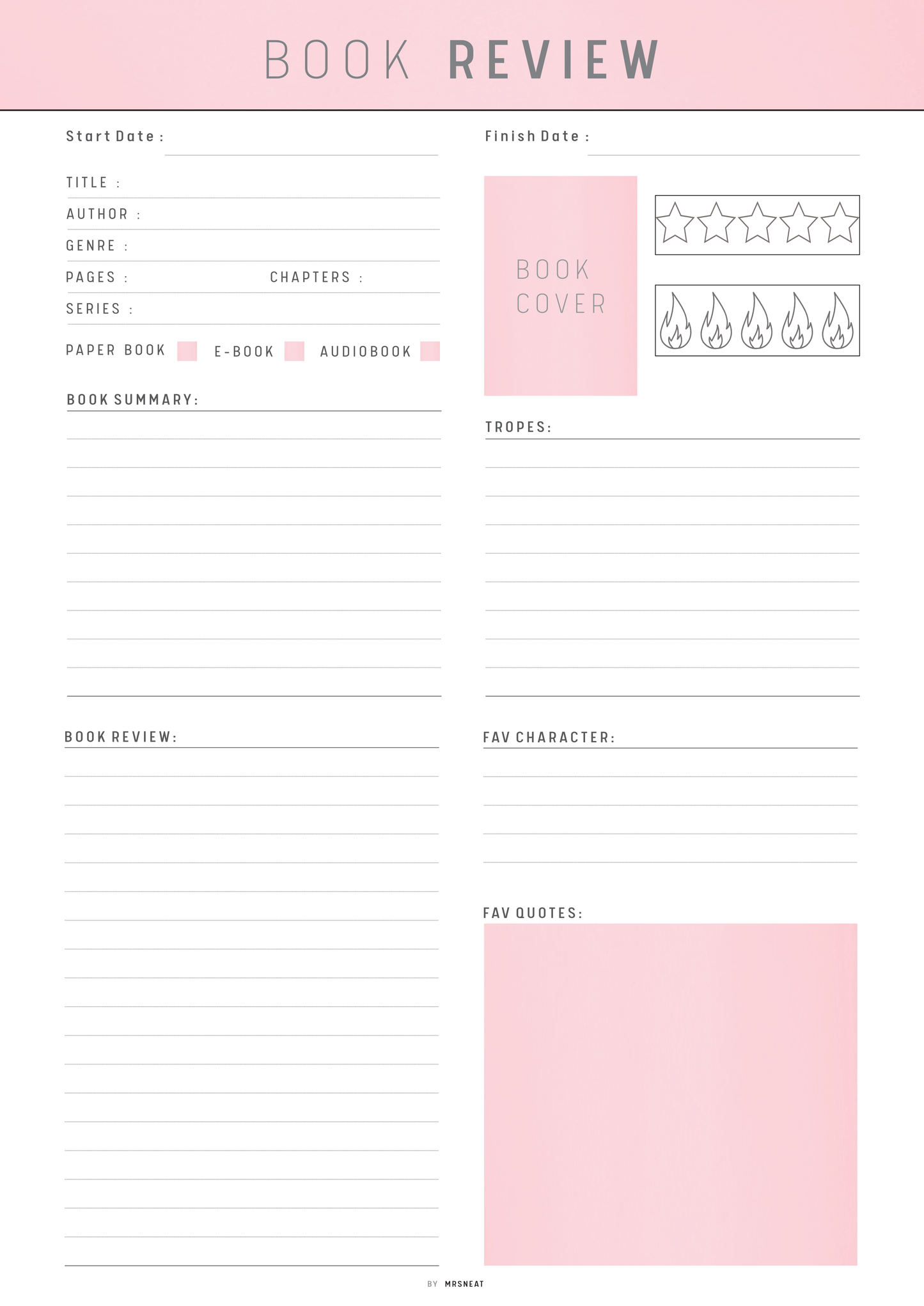 Book review form with pink sections on a white background
