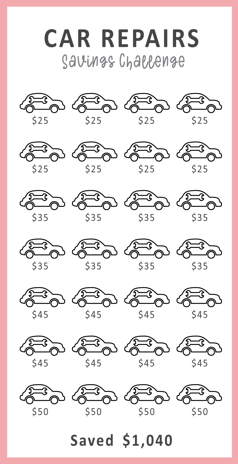 Car repairs savings challenge chart with incremental amounts and a pink border.