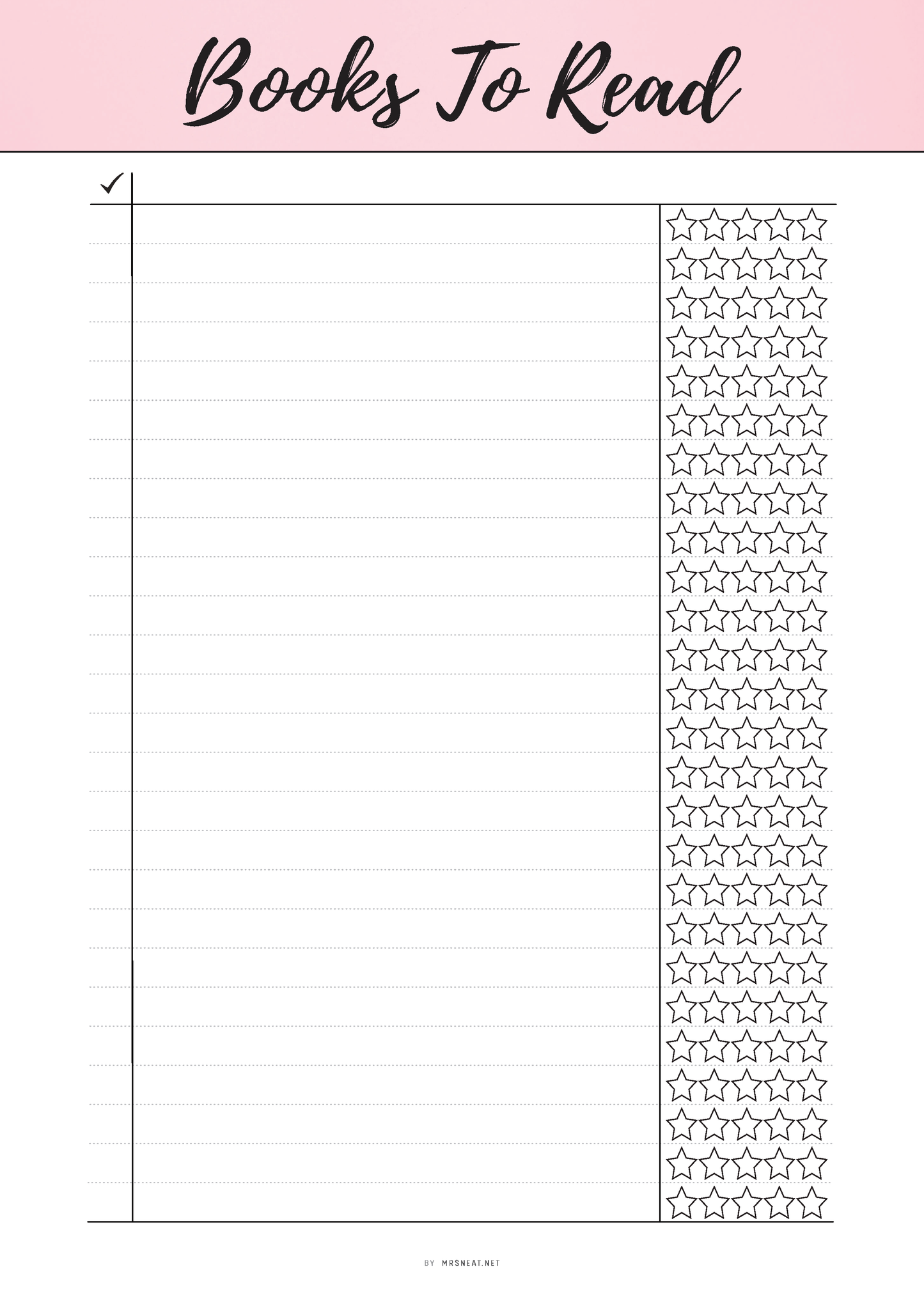 Sheet for tracking books to read with a pink border and decorative border on the right side.