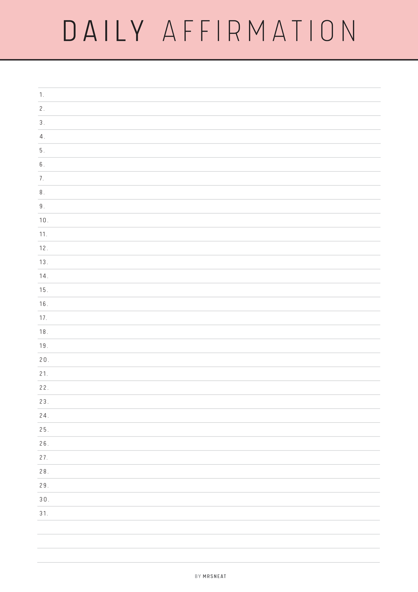 Daily affirmation list on a white background with a pink header