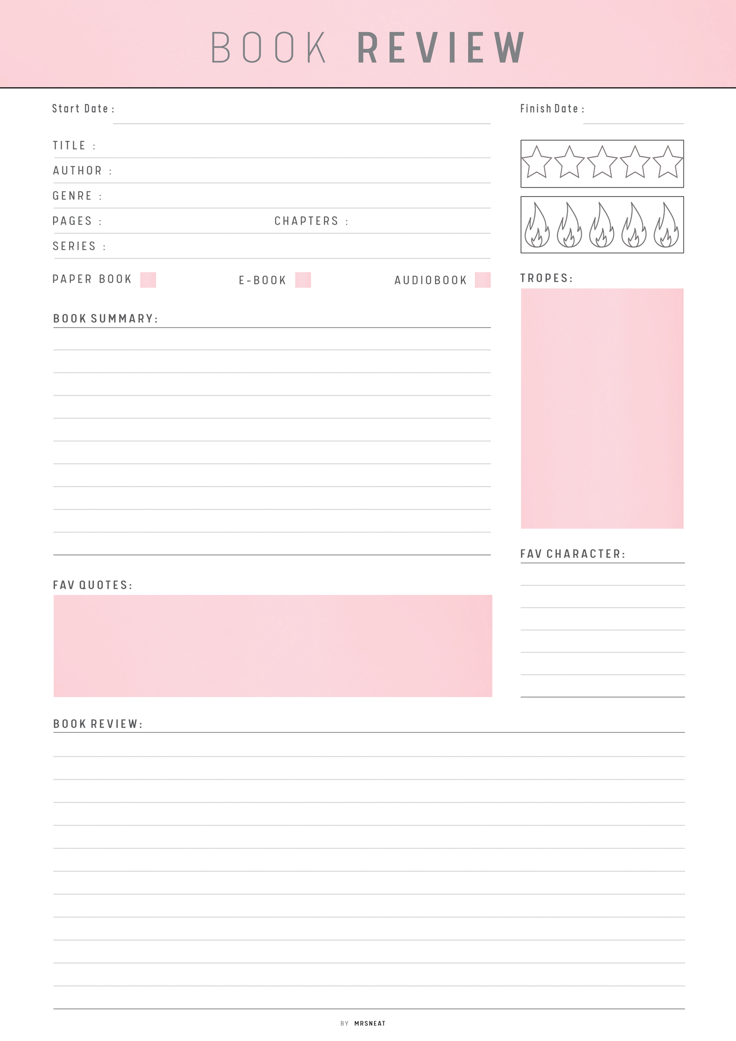 Book review form with various sections on a pink background