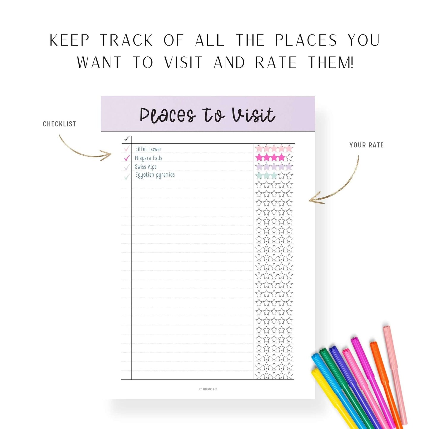 Beautiful Purple Places to visit template printable