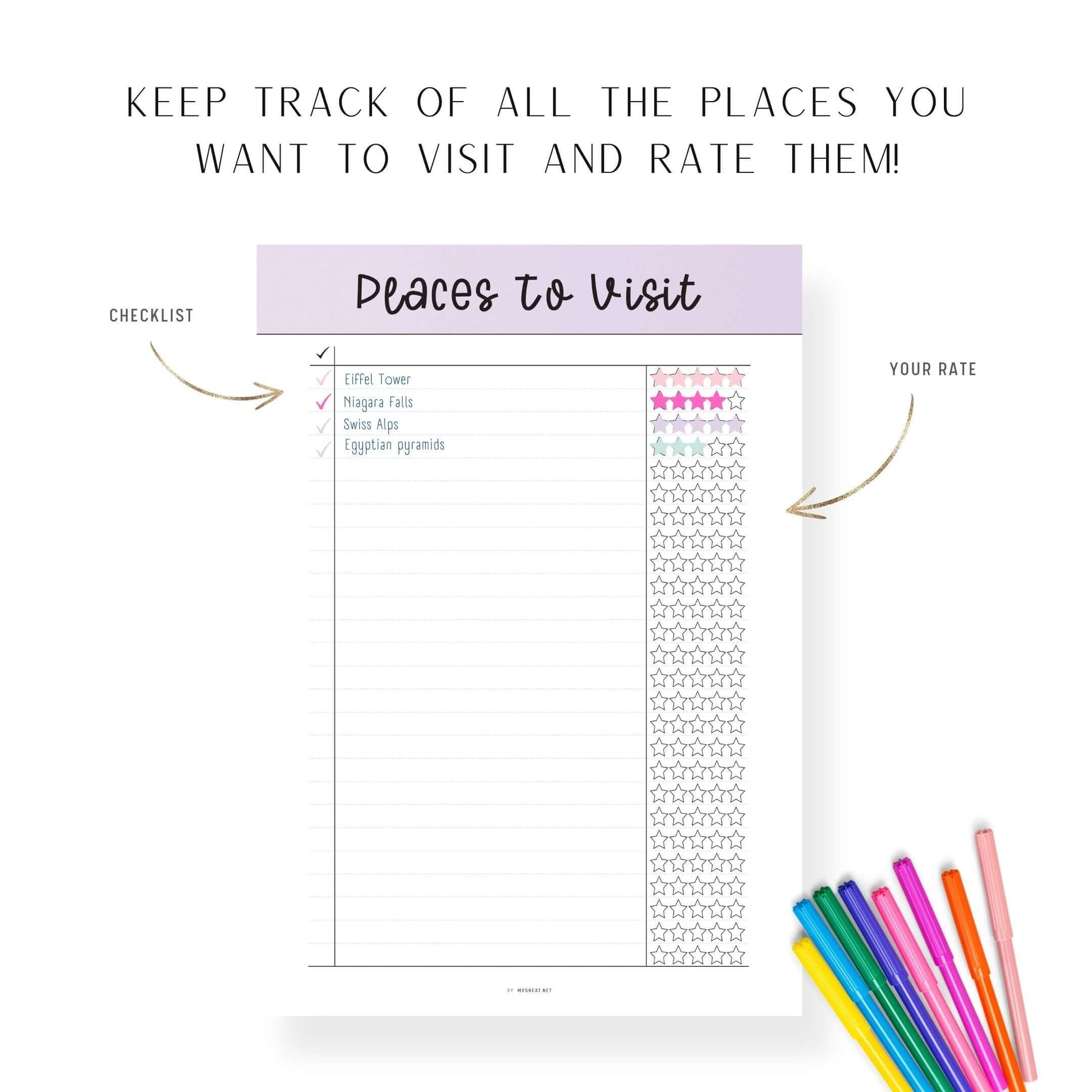 Beautiful Purple Places to visit template printable