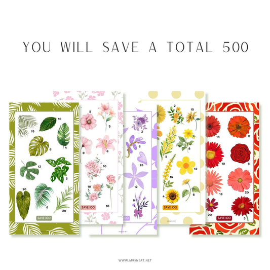 Plant Savings Challenge, A6, Printable, Colorful, Cute, 5 Challenges, 1 cover, Plant Theme, Total Save 500, Budget Tracker, Savings Tracker, Cash Stuffing, Tiny Mini Savings Challenge, Kawaii Savings Challenge, Low Income Savings Challenge, Low income budget tracker, Printable, Digital Download, 4 versions, EURO USD POUND BLANK
