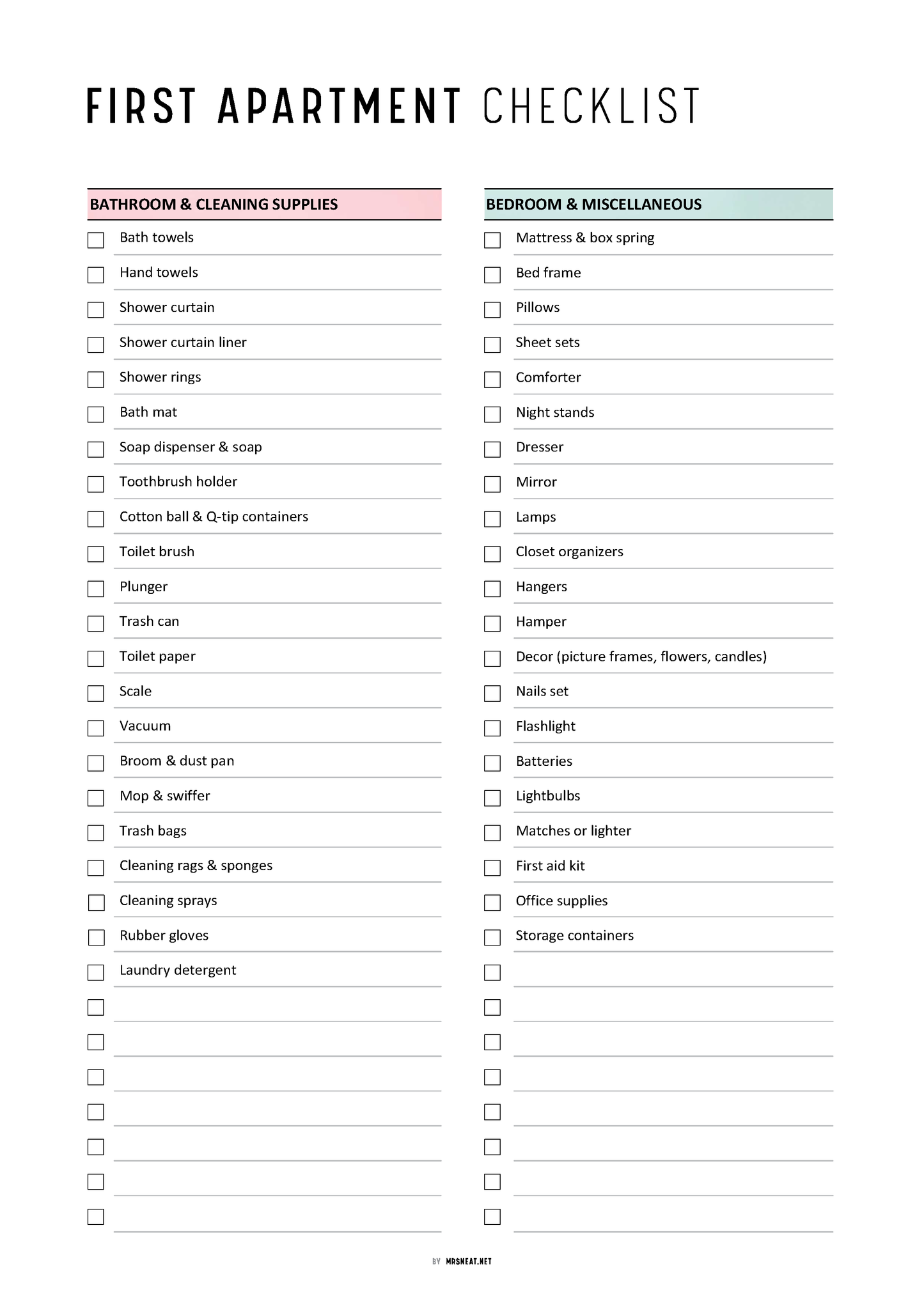 First apartment checklist with checkboxes for bathroom and cleaning supplies, bedroom, and miscellaneous items.