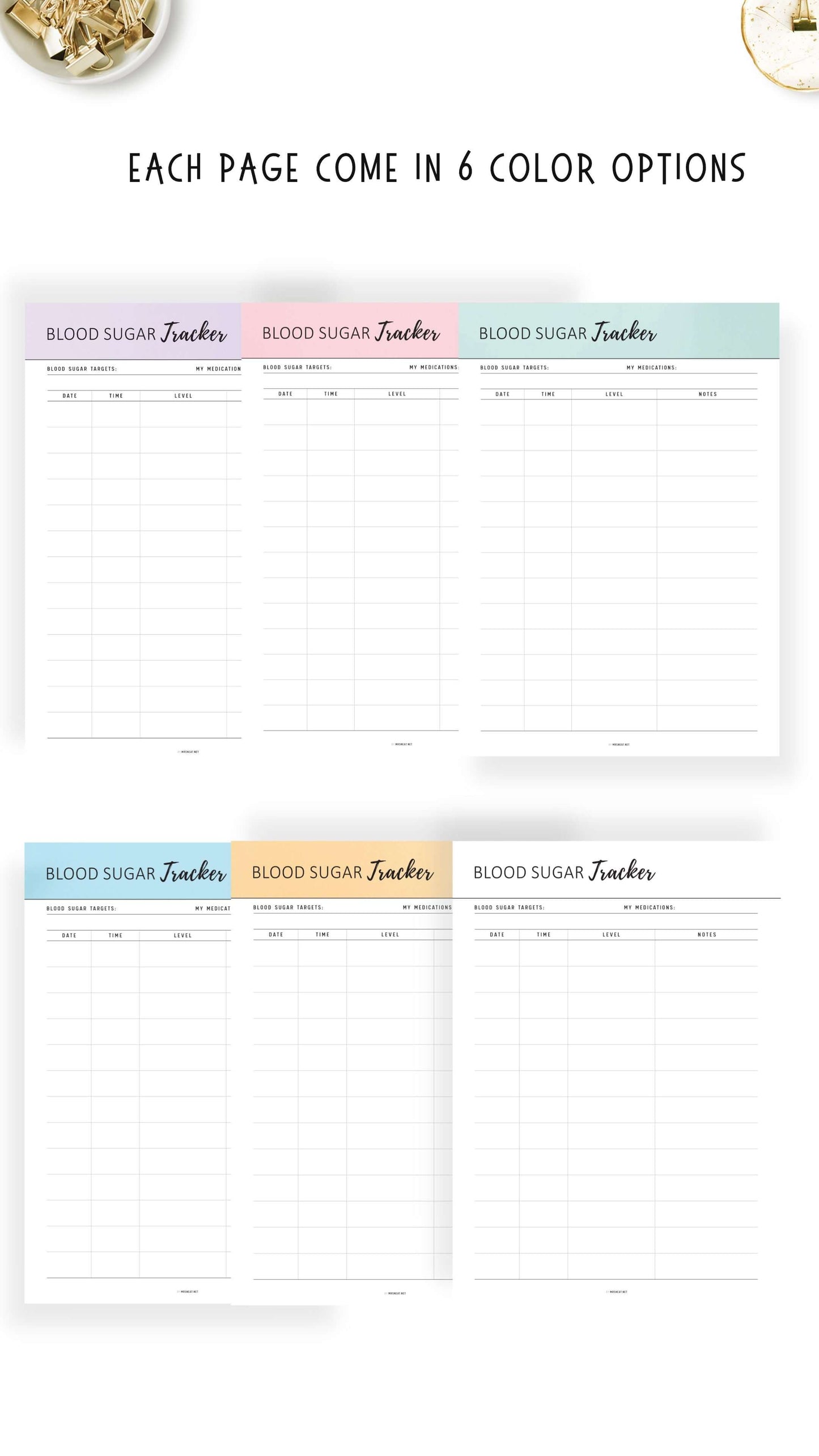 6 colors Printable Blood Sugar Tracker Template