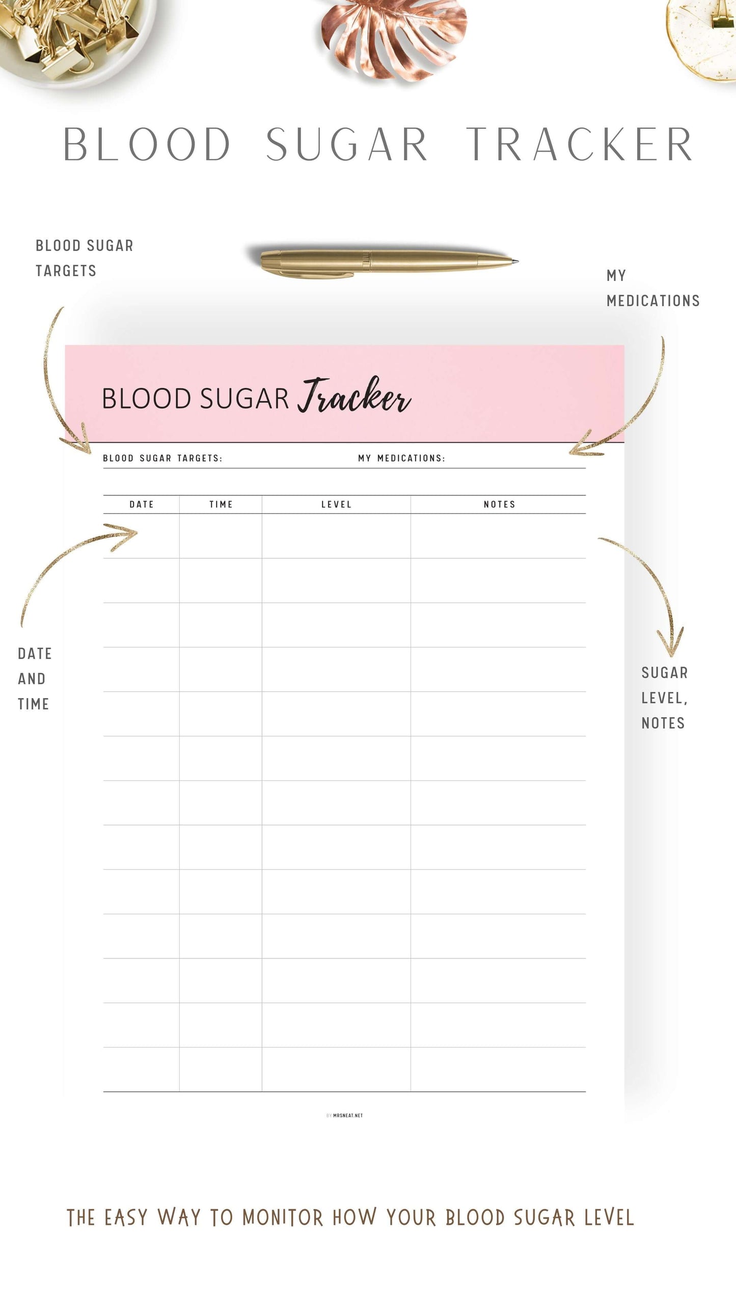 Pink Blush Printable Blood Sugar Tracker Template
