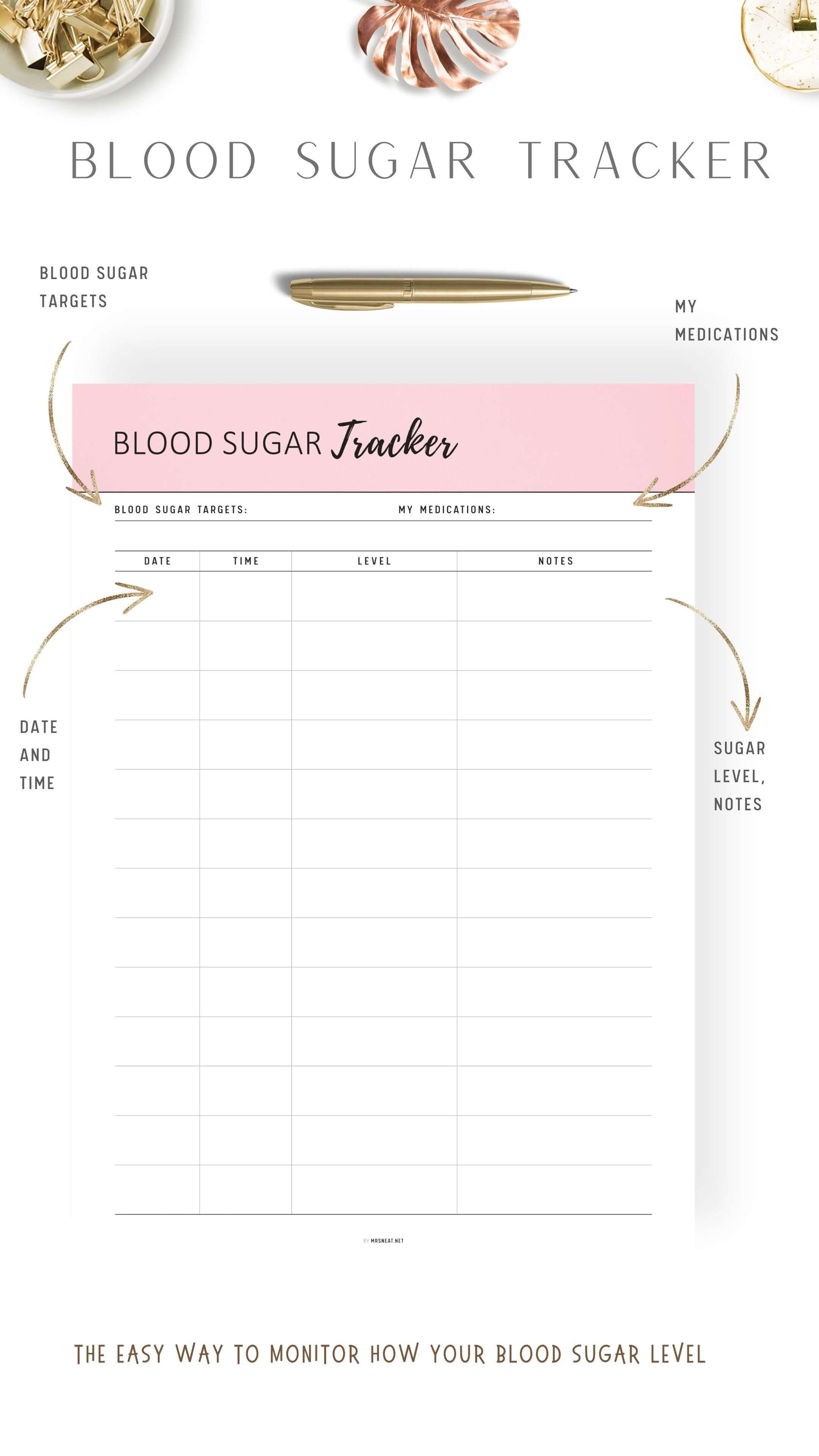 Pink Blush Printable Blood Sugar Tracker Template