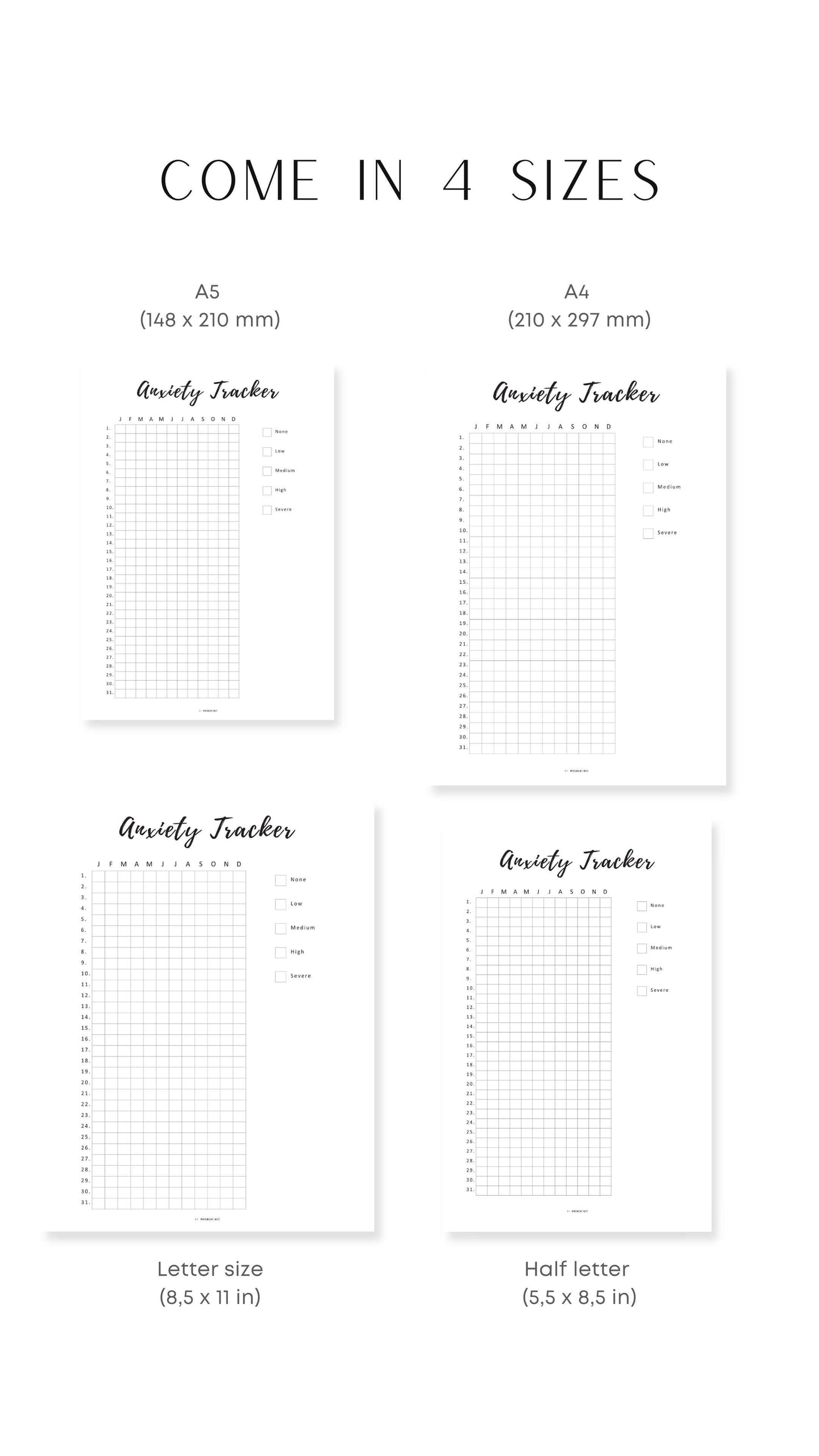A4, A5, Letter, Half Letter Anxiety Tracker Printable Insert