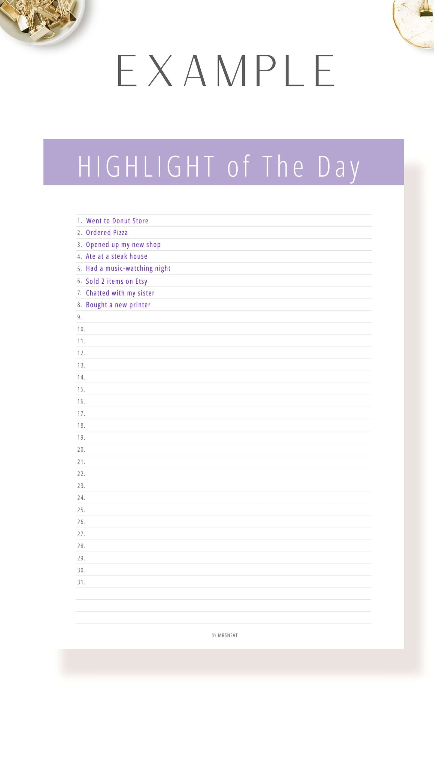Example of Printable Highlight of The Day Template