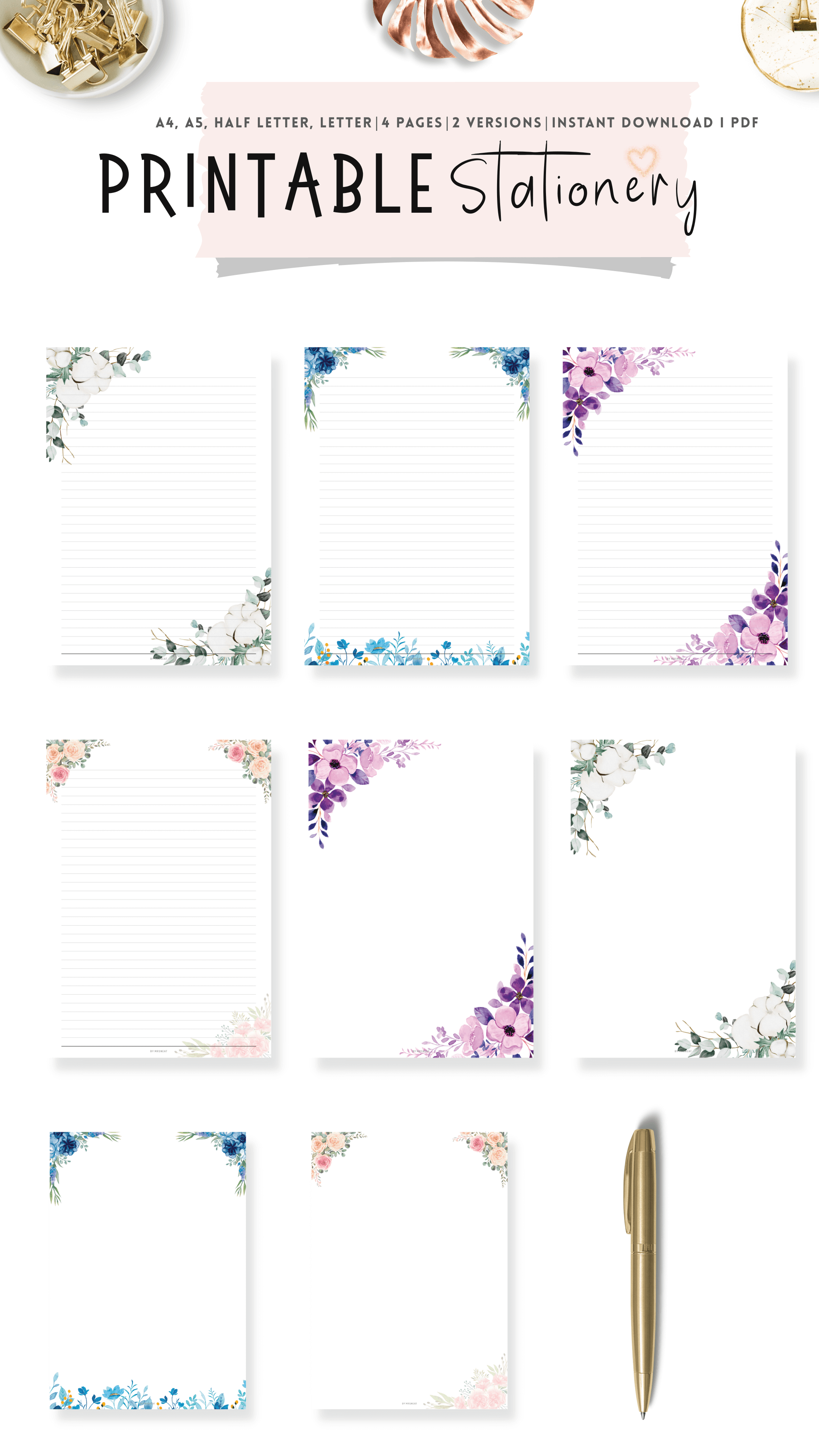 FILLABLE Floral Printable Stationery Lined & Unlined Paper (PDF) M1