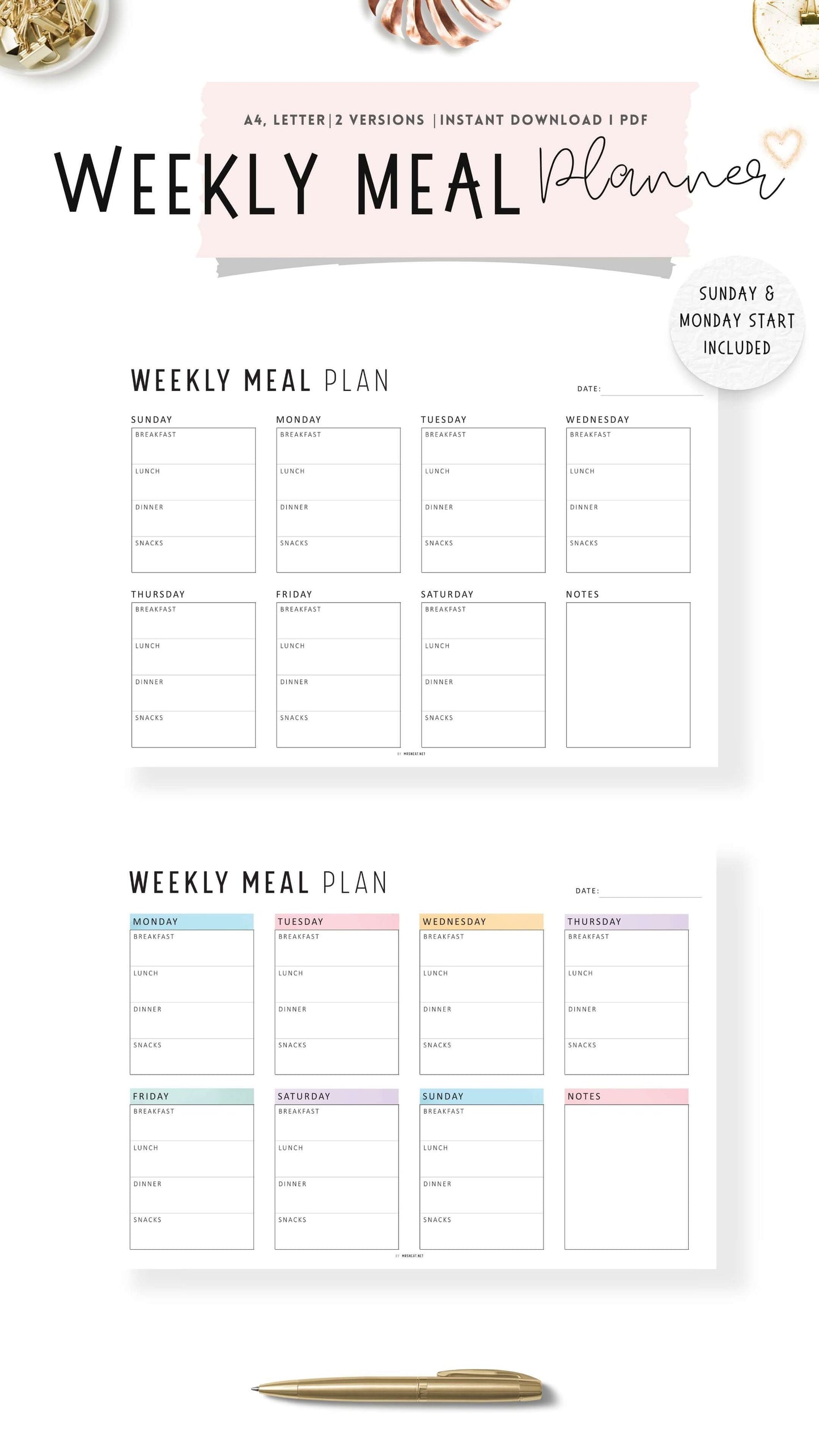 Printable Weekly Meal Planner Landscape, Colorful and Minimalist Style, A4, Letter, Sunday and Monday Start Options Included
