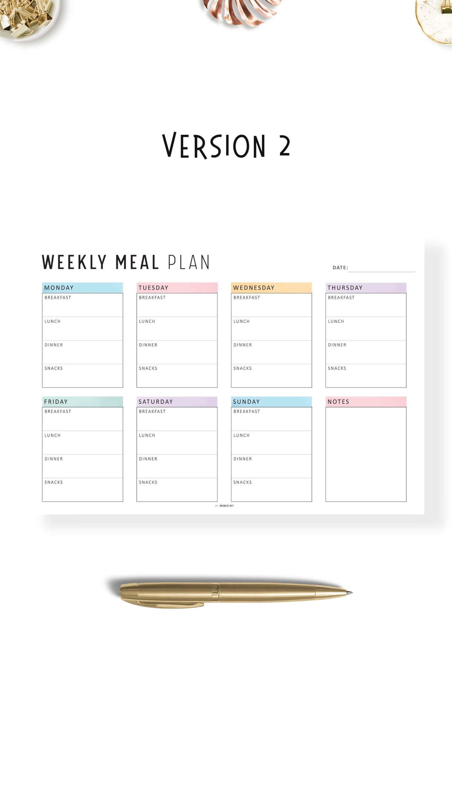 Printable Weekly Meal Planner Landscape, Colorful and Minimalist Style, A4, Letter, Sunday and Monday Start Options Included