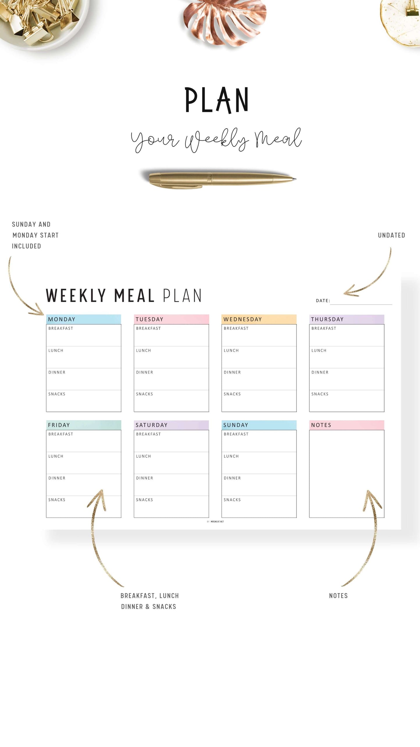 Printable Weekly Meal Planner Landscape, Colorful and Minimalist Style, A4, Letter, Sunday and Monday Start Options Included