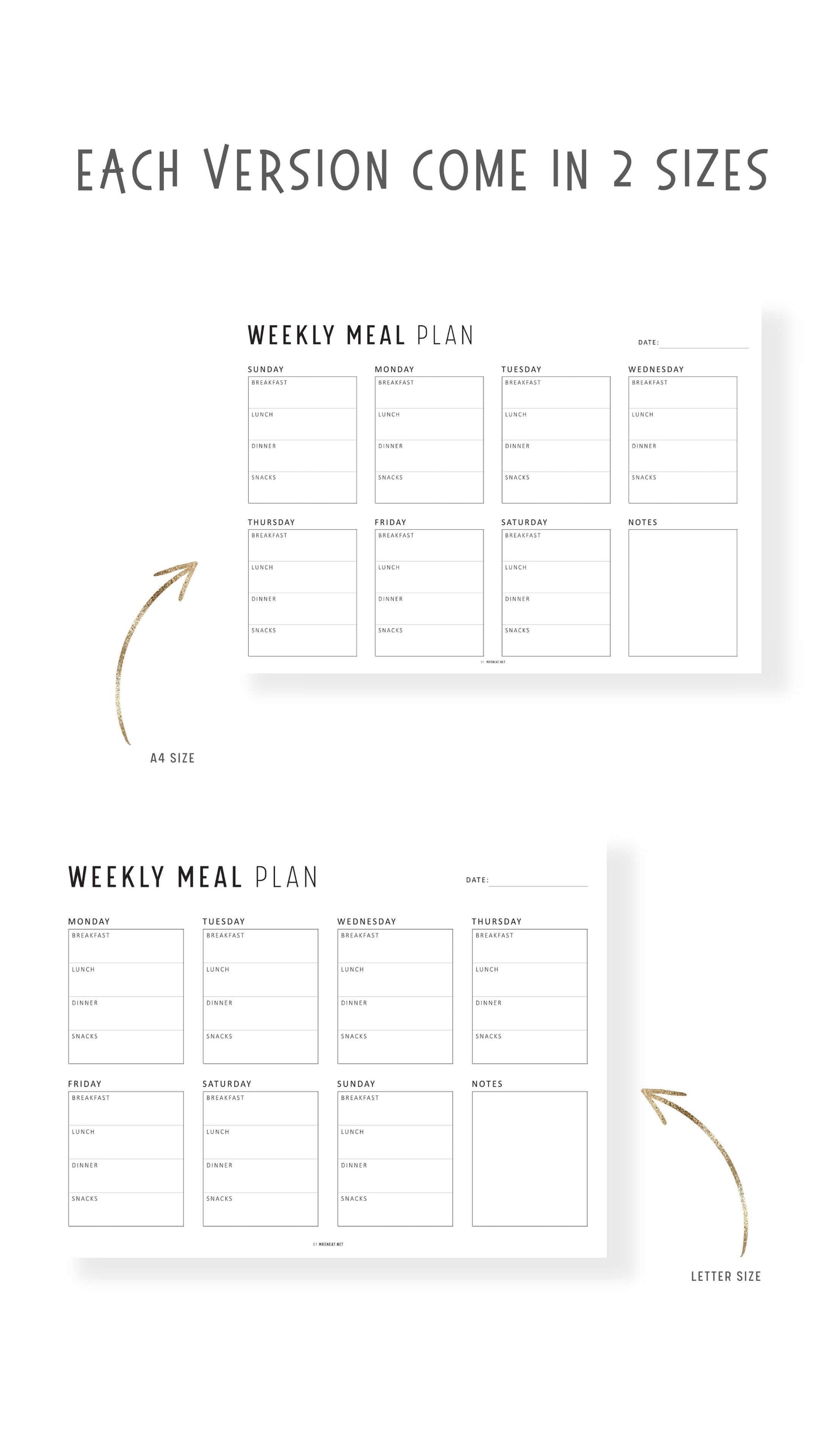 Printable Weekly Meal Planner Landscape, Colorful and Minimalist Style, A4, Letter, Sunday and Monday Start Options Included