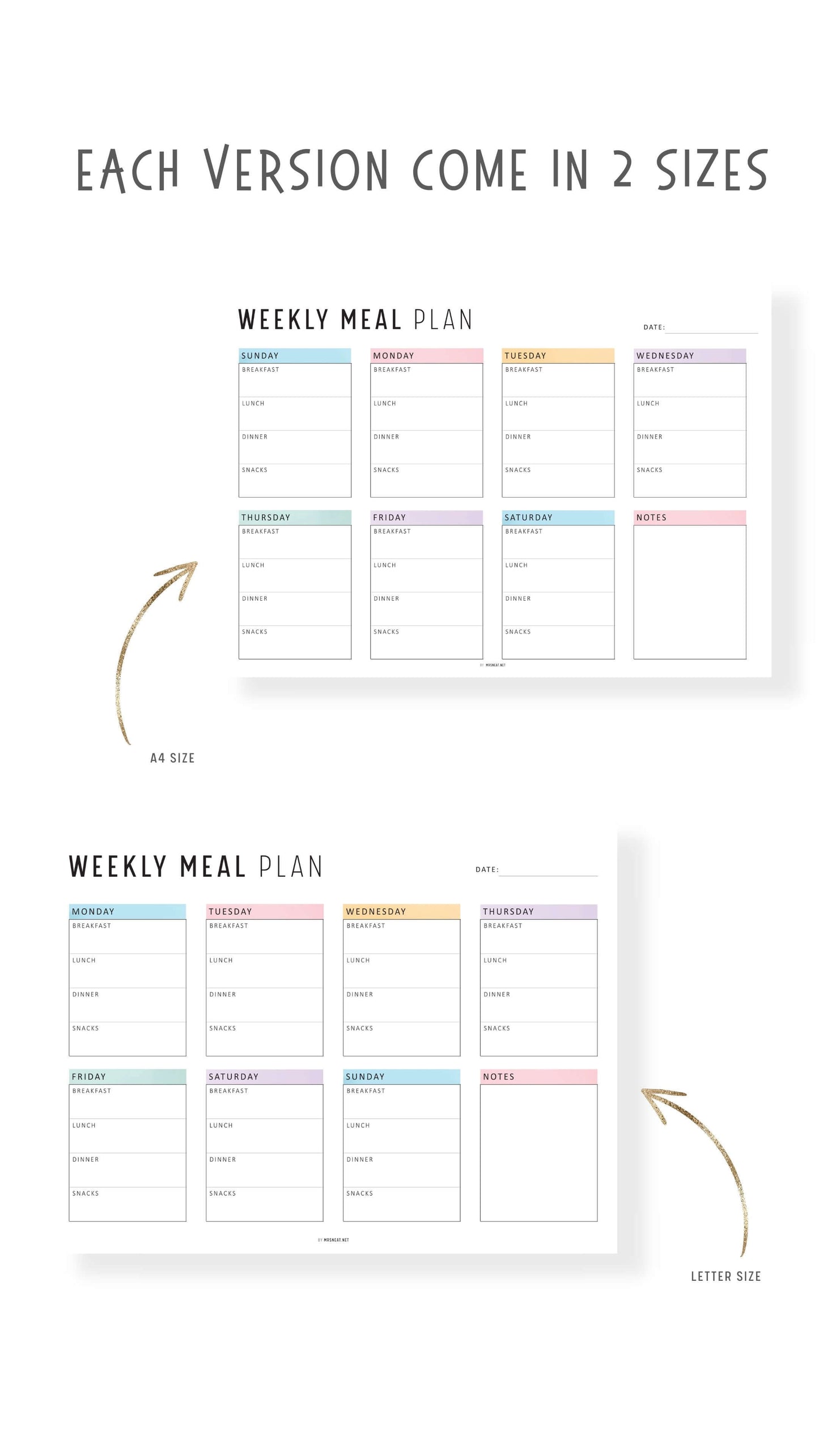 Printable Weekly Meal Planner Landscape, Colorful and Minimalist Style, A4, Letter, Sunday and Monday Start Options Included