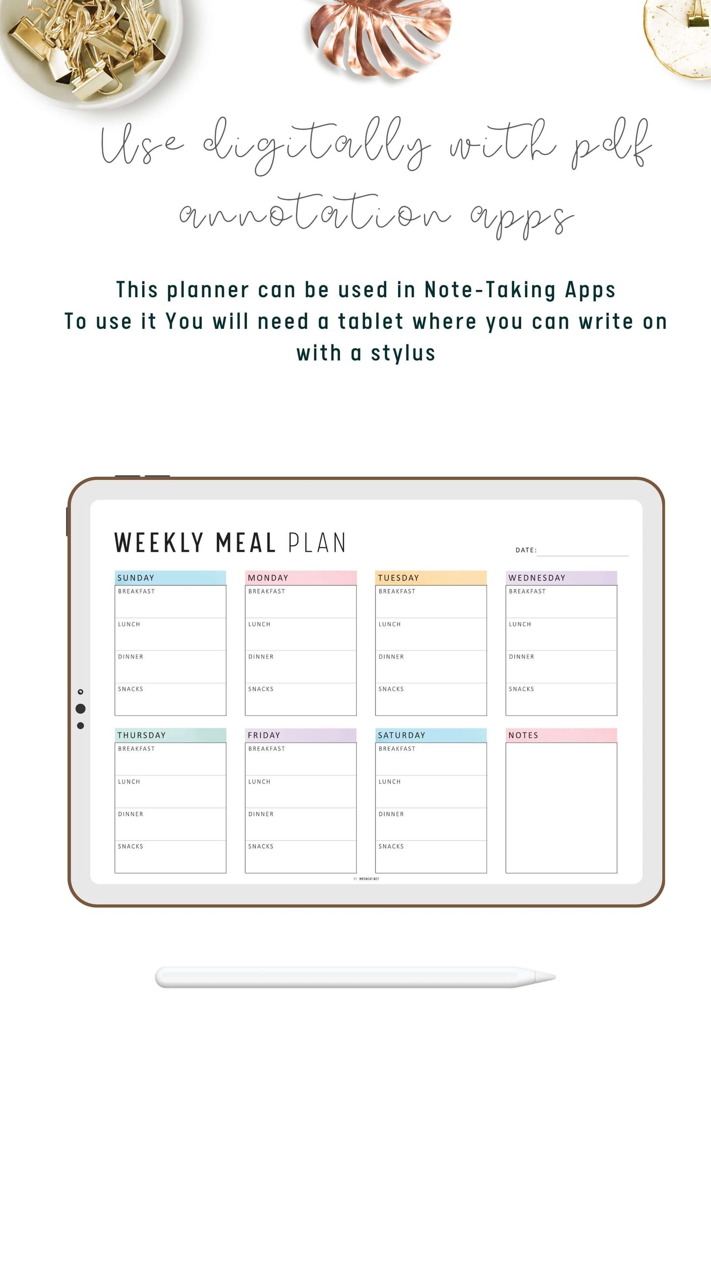 Printable Weekly Meal Planner Landscape, Colorful and Minimalist Style, A4, Letter, Sunday and Monday Start Options Included