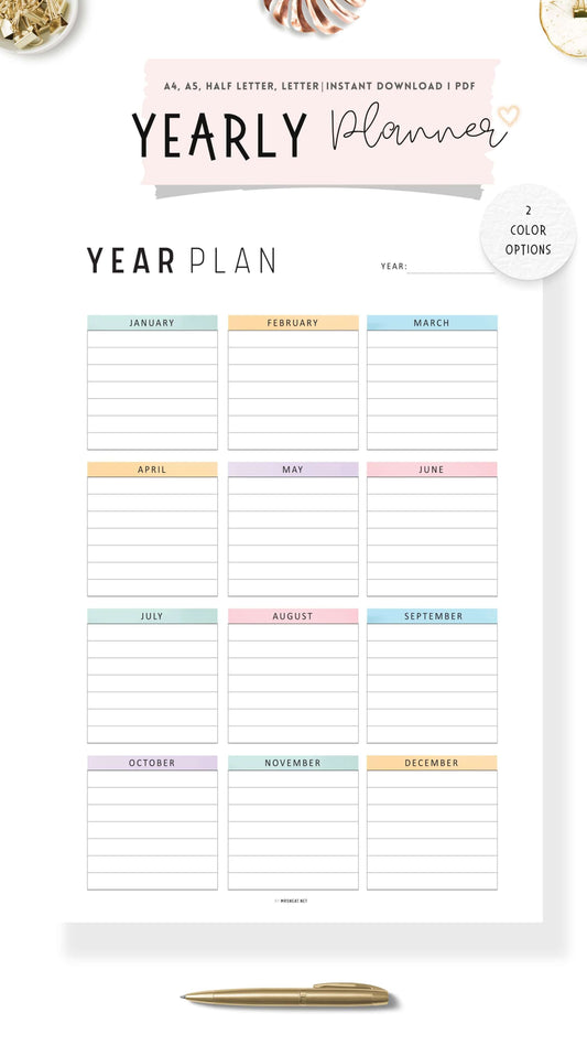 Printable Yearly Planner Template, Minimalist and Colorful Style, A4, Letter, Half Letter, PDF, Digital Planner