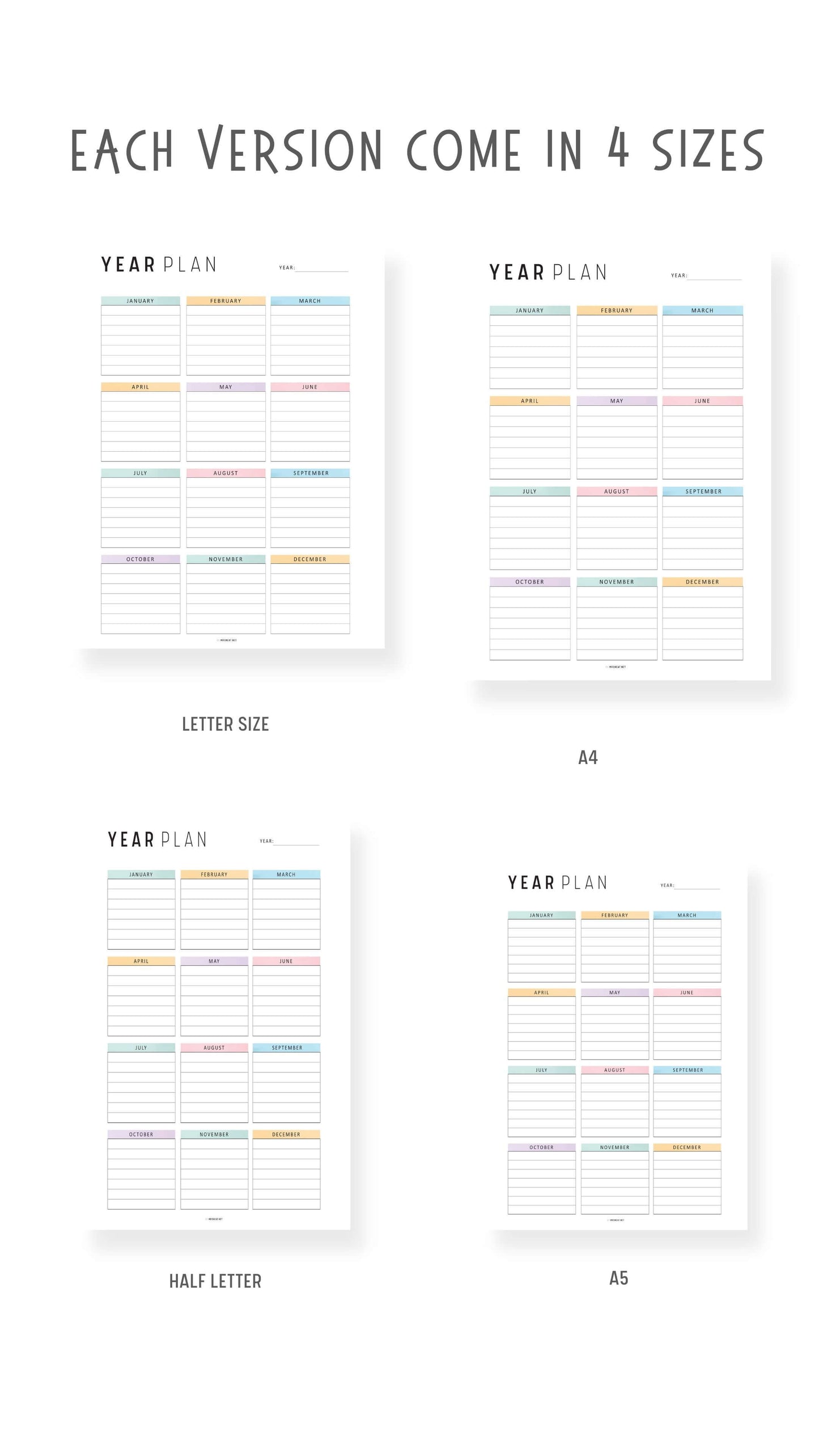 Printable Yearly Planner Template, Minimalist and Colorful Style, A4, Letter, Half Letter, PDF, Digital Planner
