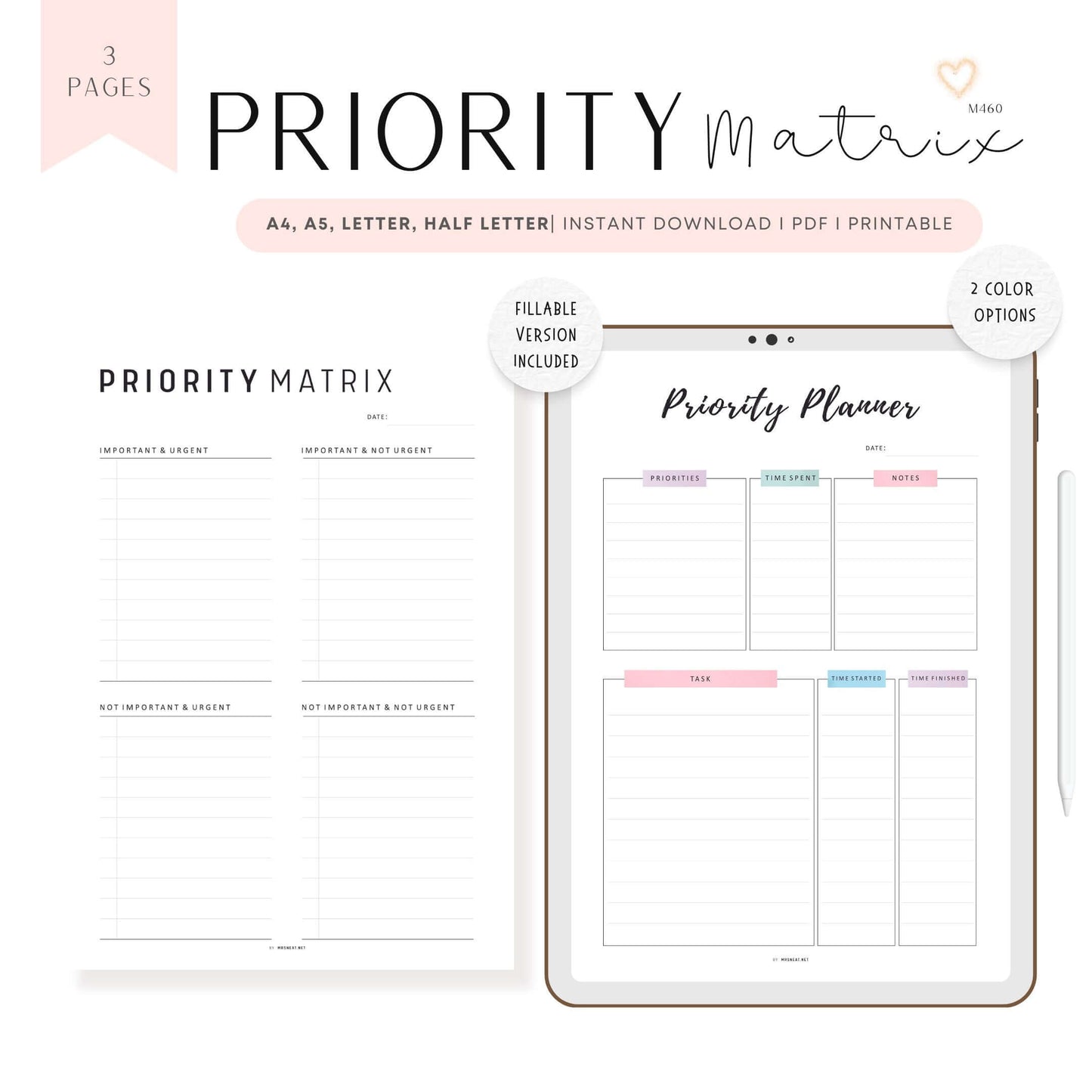 Priority Matrix and Planner Template, Printable, 2 colors, A4, A5, Letter, Half Letter, Fillable PDF