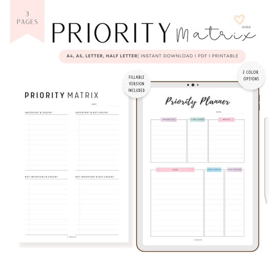 Priority Matrix and Planner Template, Printable, 2 colors, A4, A5, Letter, Half Letter, Fillable PDF