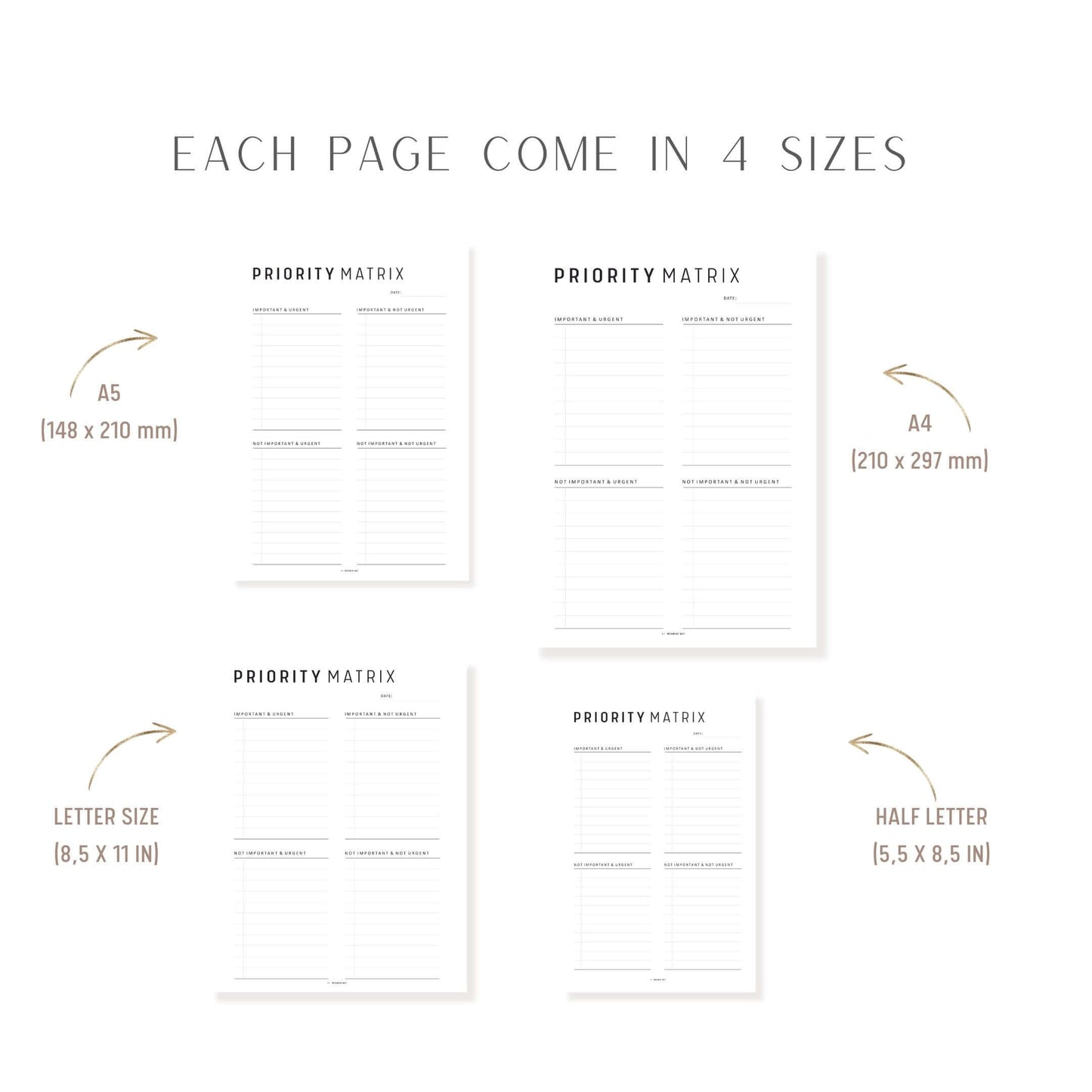 Priority Matrix and Planner Template, Printable, 2 colors, A4, A5, Letter, Half Letter, Fillable PDF