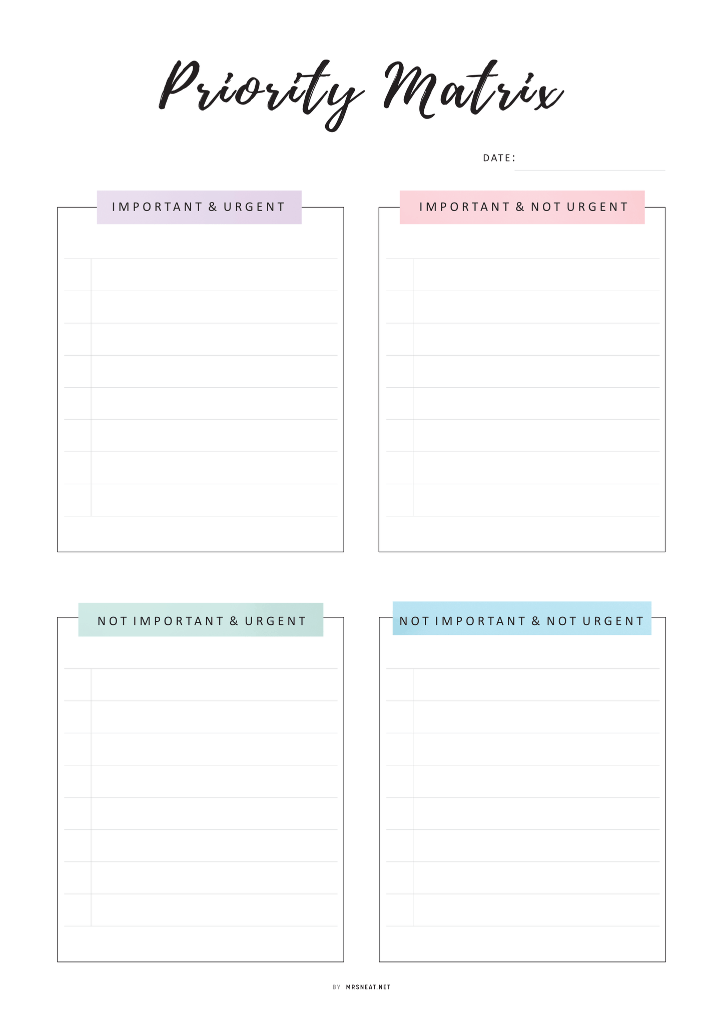 Priority Matrix and Planner Template, Printable, 2 colors, A4, A5, Letter, Half Letter, Fillable PDF