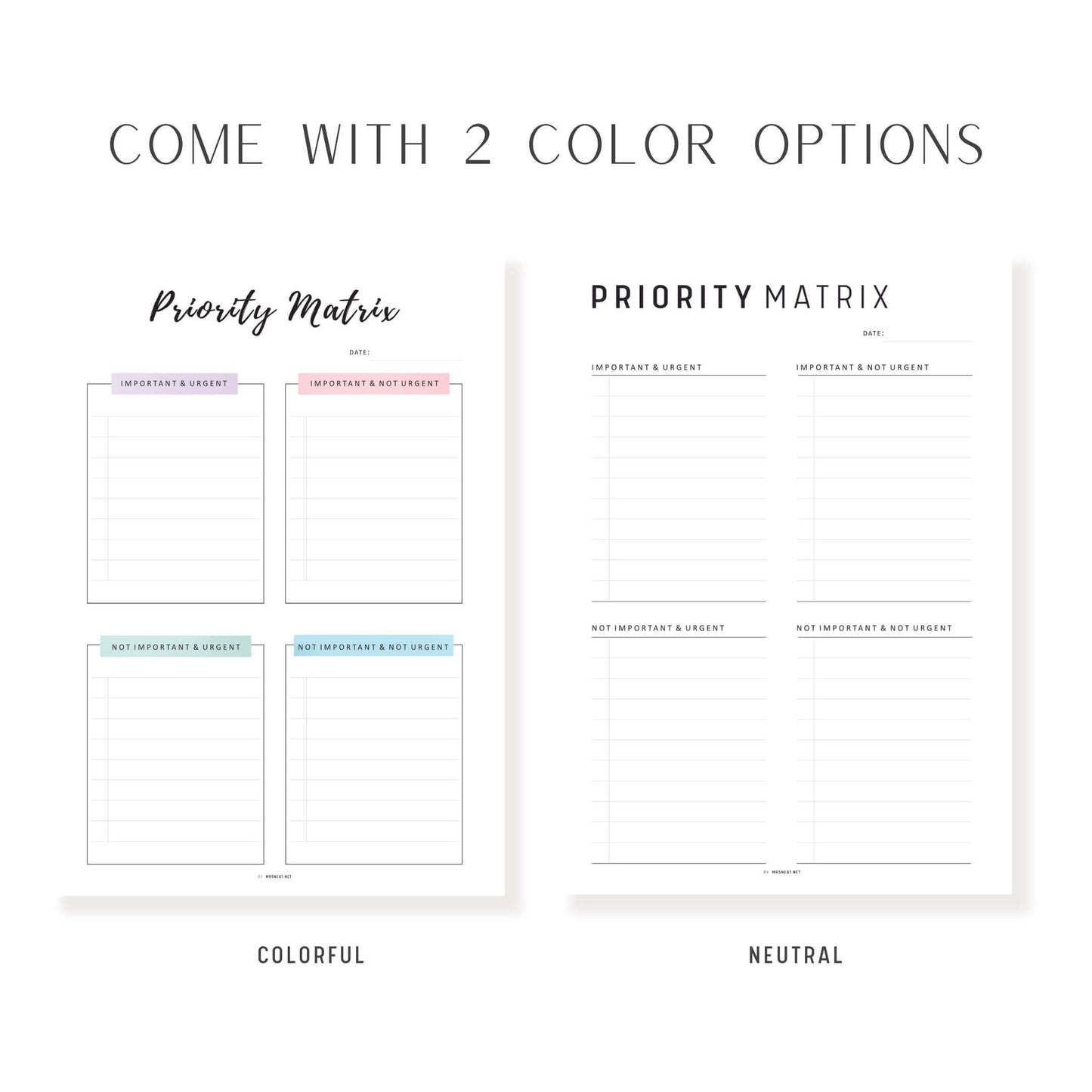 Priority Matrix and Planner Template, Printable, 2 colors, A4, A5, Letter, Half Letter, Fillable PDF